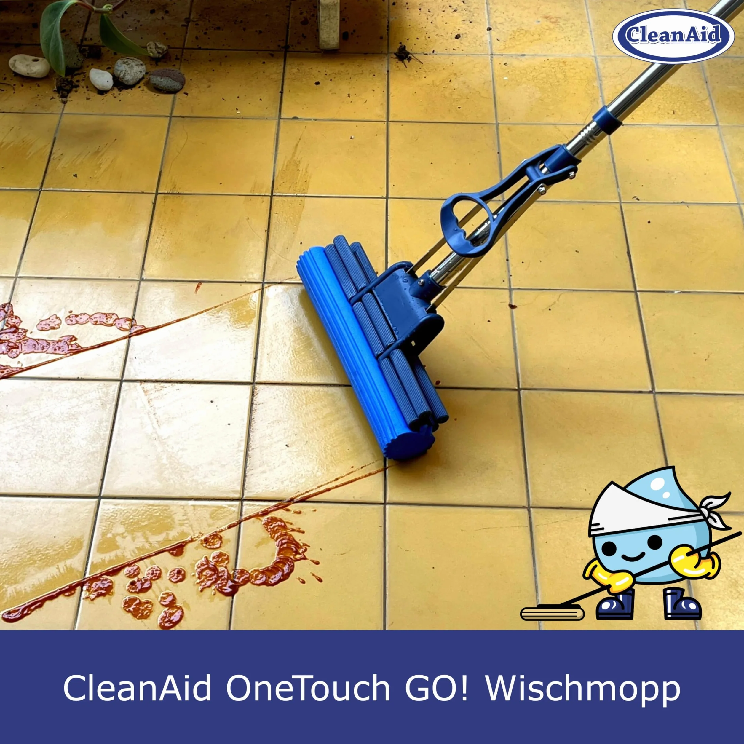 OneTouch GO! Mop ze stali nierdzewnej – trzonek segmentowy, 2 x gąbka PVA, funkcja One-Touch, wyciśnięcie bez smug, do laminatu, parkietu i płytek – higieniczna wycieraczka do podłogi bez