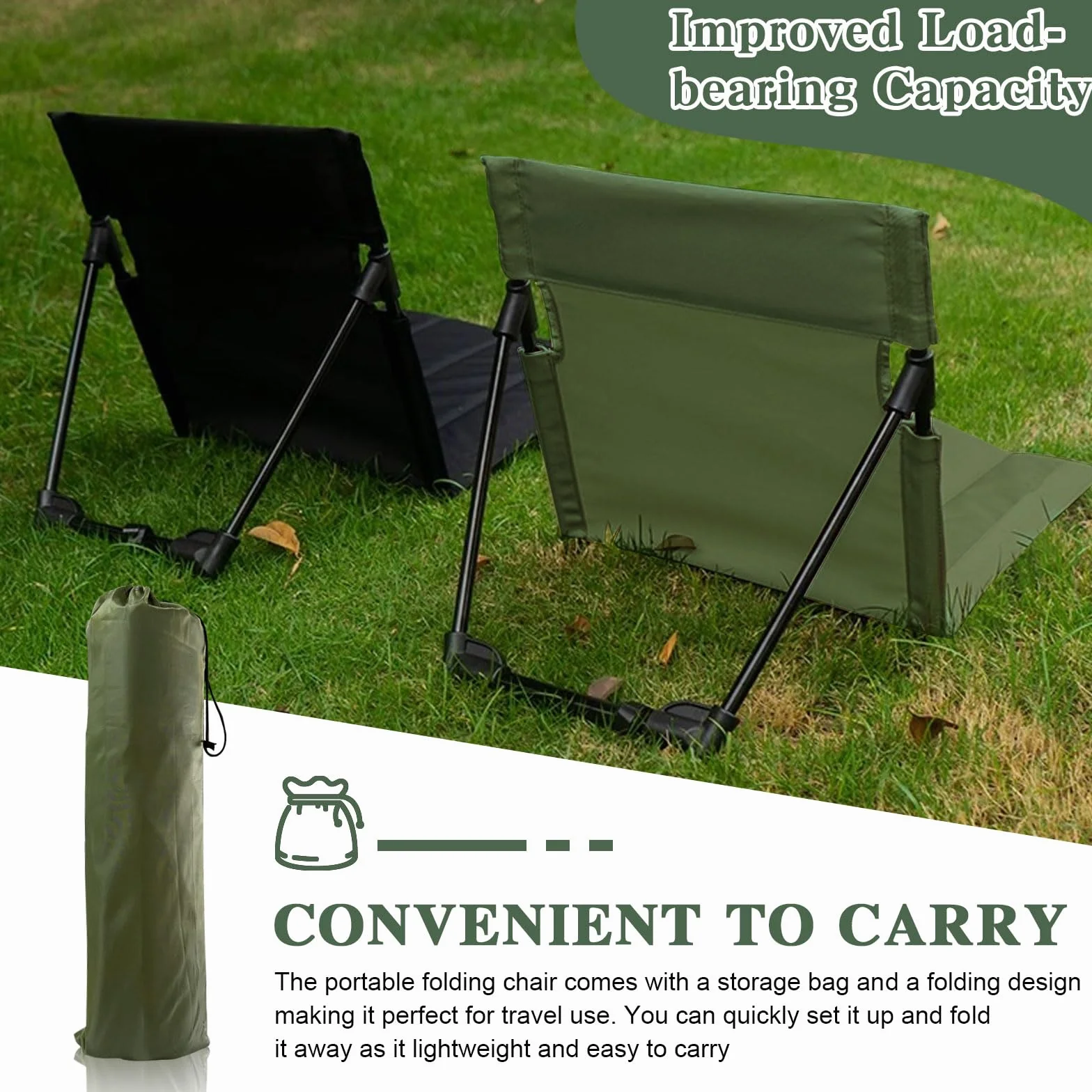 Składane Krzesło Plażowe Outdoor Army Green z Oparciem, Lekkie na Kemping