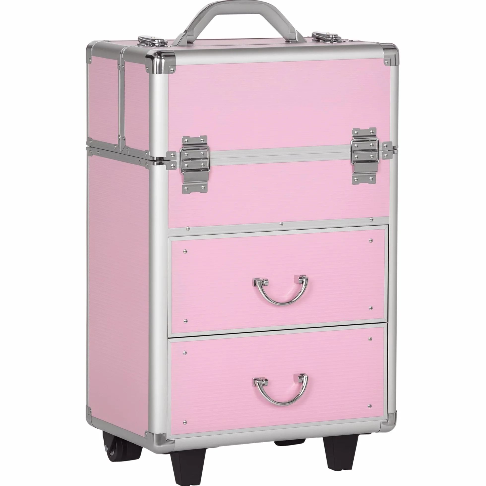 HOMCOM Walizka na wózek do makijażu kosmetyczka Vanity regulowany uchwyt teleskopowy alu. ABS, Różowy, 36x23x58cm, Walizka na kółkach do makijażu