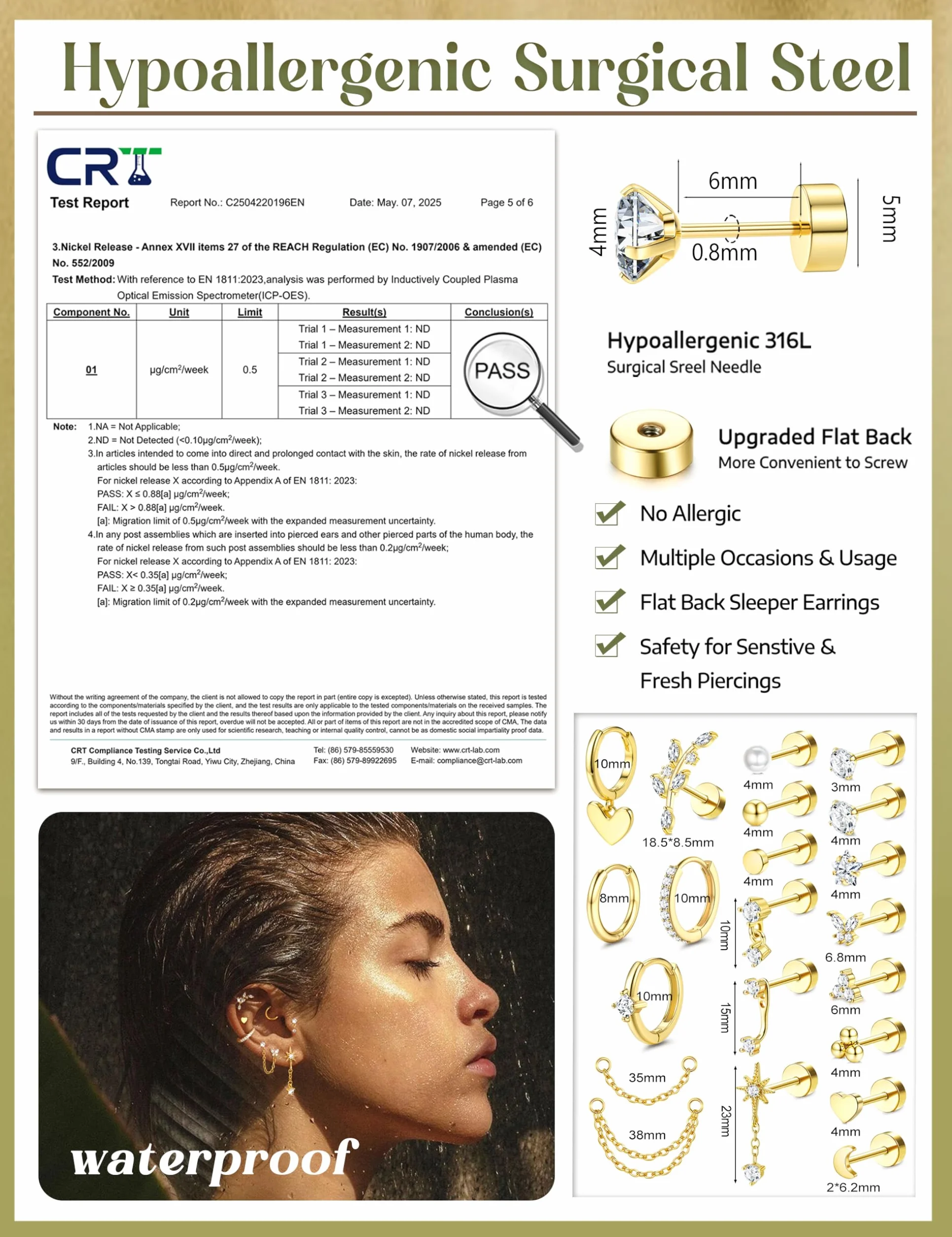 CASSIECA 21 szt. Kolczyki damskie chirurgiczne stal chirurgiczna kolczyk do uszu hipoalergiczne kolczyki damskie Helix Trag Hipoalergiczny Multi Piercing