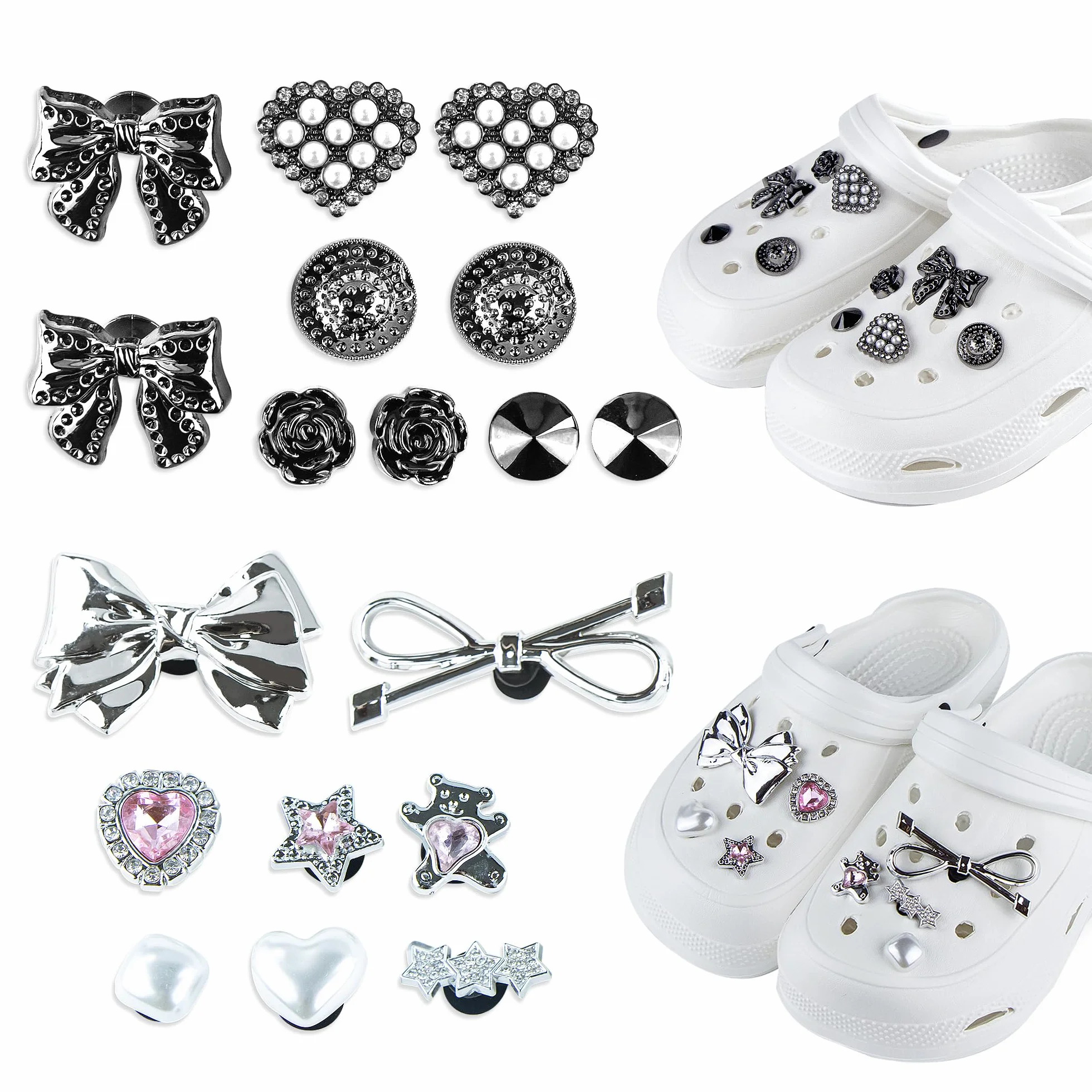Crocs przypinki, przypinki do butów crocs, kokardka sznurówki charmy, odpinane zawieszki do butów, Crocs Pins dla dziewcząt, kobiet i dorosłych, dwa style: srebrny i czarny