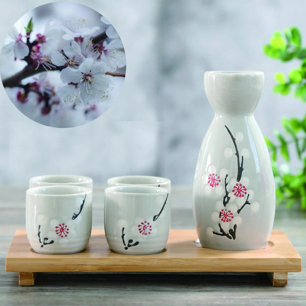Zestaw do sake, 5-częściowy, ręcznie malowany, japoński, kwiat wiśni, kubki do sake, ciepły winogronowy rondel, tradycyjne filiżanki, kieliszki do wina, zestaw do ręcznego malowania, prezent