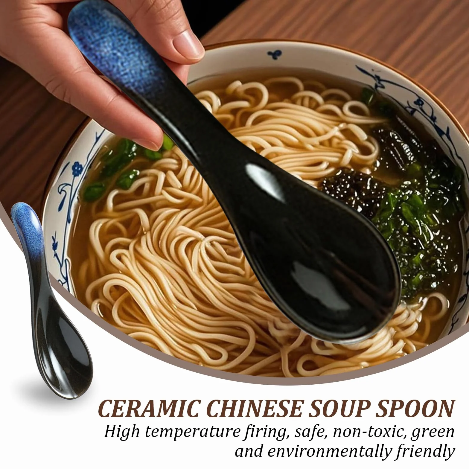 Japońskie niebieskie ceramiczne łyżki do zupy ramen, porcelanowe chińskie łyżki retro, zestaw 2 sztuk