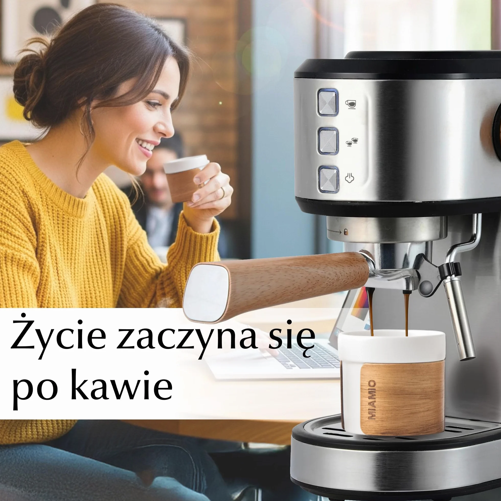 MIAMIO – Zestaw filiżanek do espresso 4 szt. (100 ml) Filiżanki do herbaty w stylu japońskim z ceramiki/Filiżanki bez uchwytu z demontowanym drewnianym mankietem (Biały)