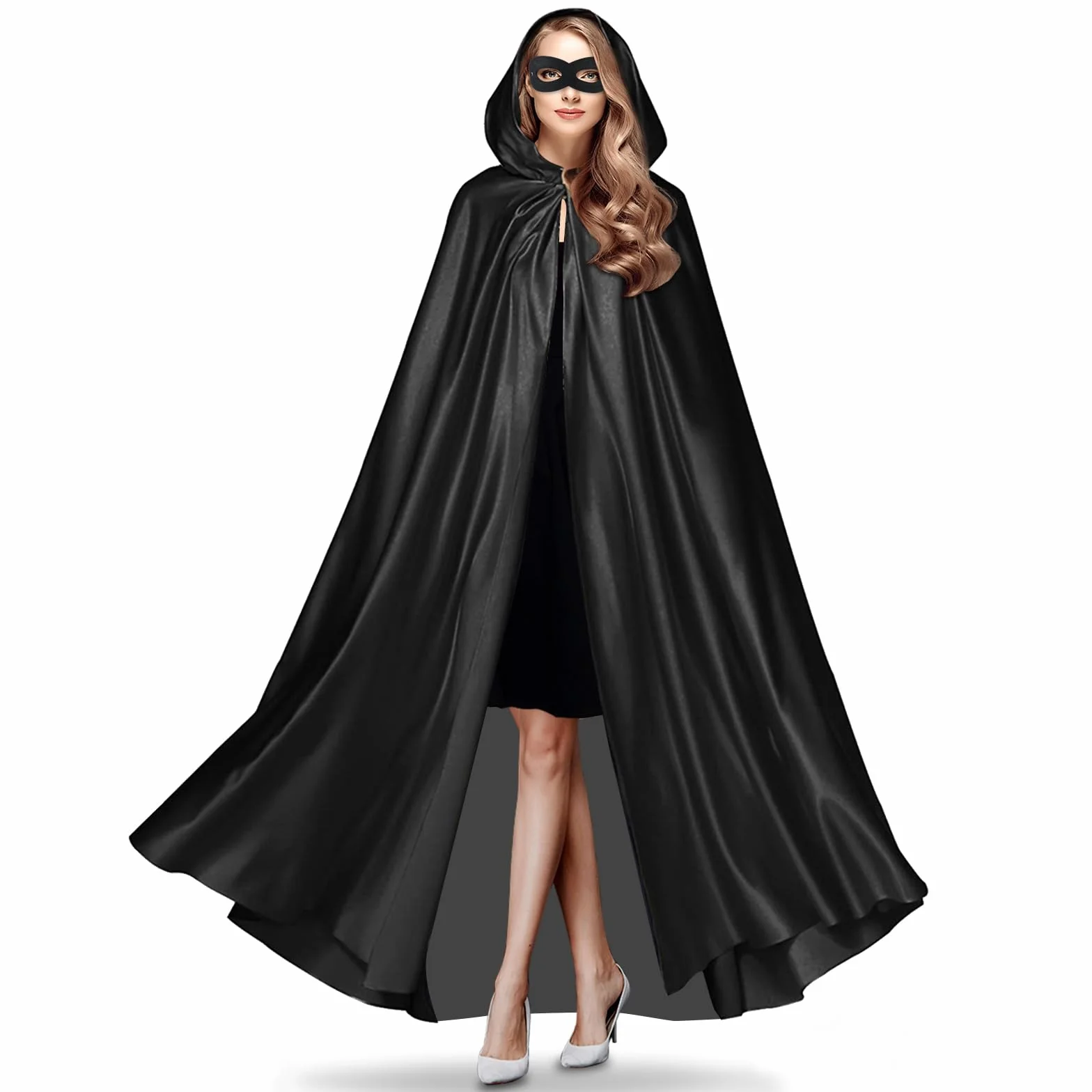 AKONE Peleryna na Halloween z kapturem, unisex, czarna, na Halloween, zestaw dla dorosłych, kostium wampira, kostium na Halloween, średniowieczny szlafrok, 180 cm