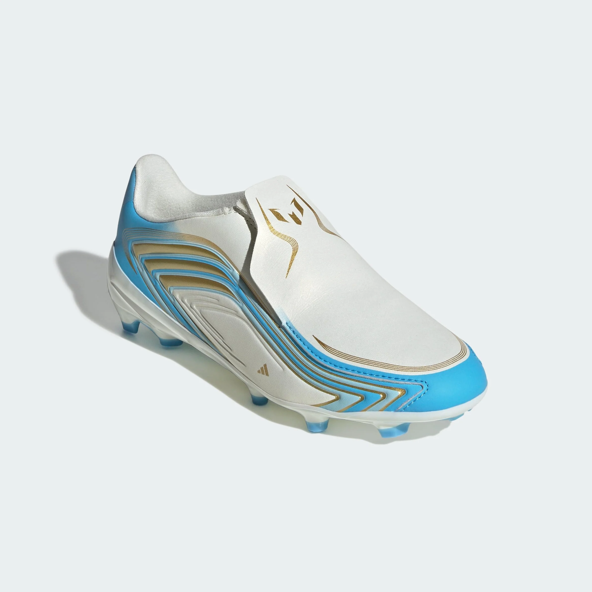 adidas Uniseks - dzieci F50 Messi League Laceless Firm Ground Football Boots Kids Shoes, ivory/semi blue burst/icey blue, 38 2/3 EU