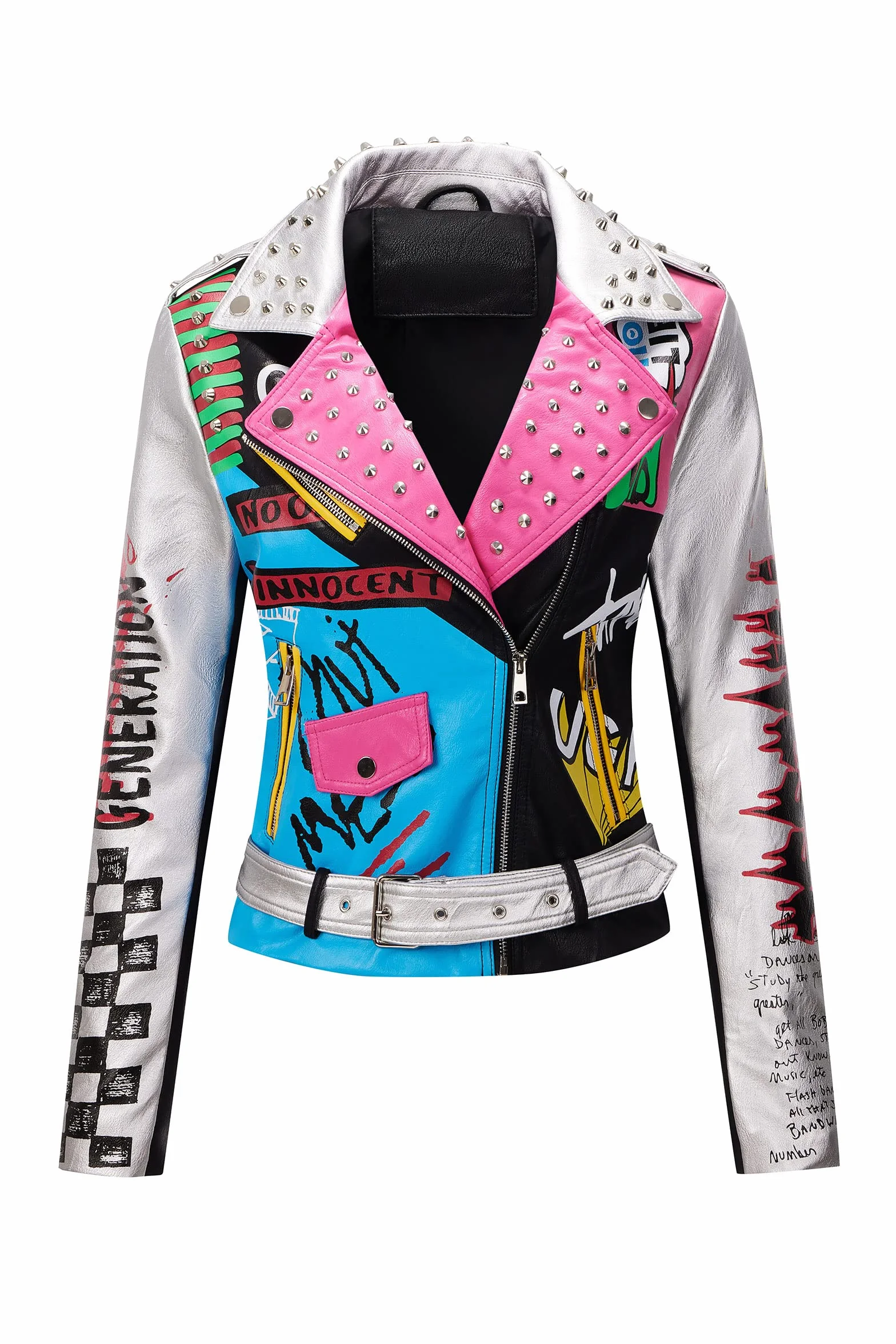 RISISSIDA Damska kurtka ze sztucznej skóry z ćwiekami i nitami, wiosenno-jesienna, do bioder, modna, motocyklowa, streetwear, z paskiem