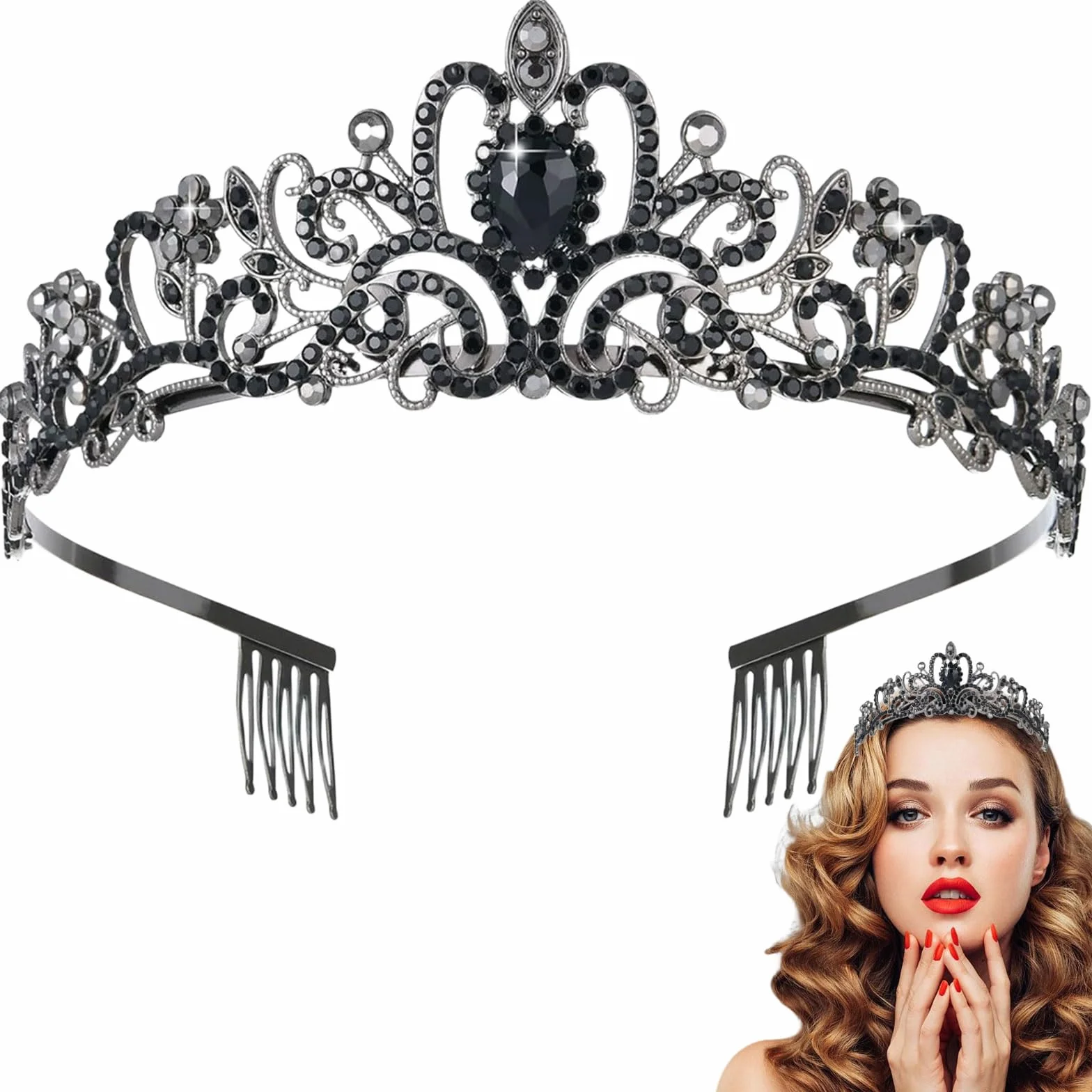 Tiara kryształowa korona z grzebieniem ze strasu, diadem, tiara, wesele, dla panny młodej, na urodziny, wesele, bal absolwentów, imprezy księżniczki (czarna), Routine, Kamień szlachetny, Kryształ