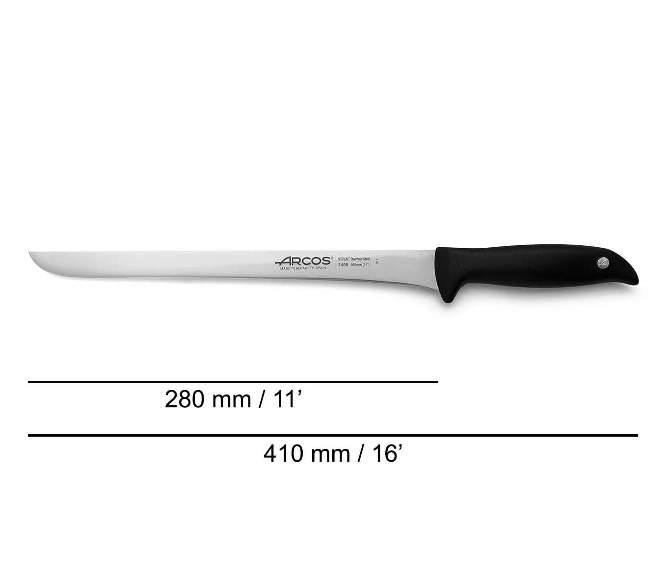 ARCOS Nóż do krojenia/nóż do szynki 28 cm ze stali nierdzewnej azotu i ostrze 280 mm. Bardzo przydatne naczynie idealne do precyzyjnego cięcia kawałków szynki. Seria Menorca. Kolor czarny