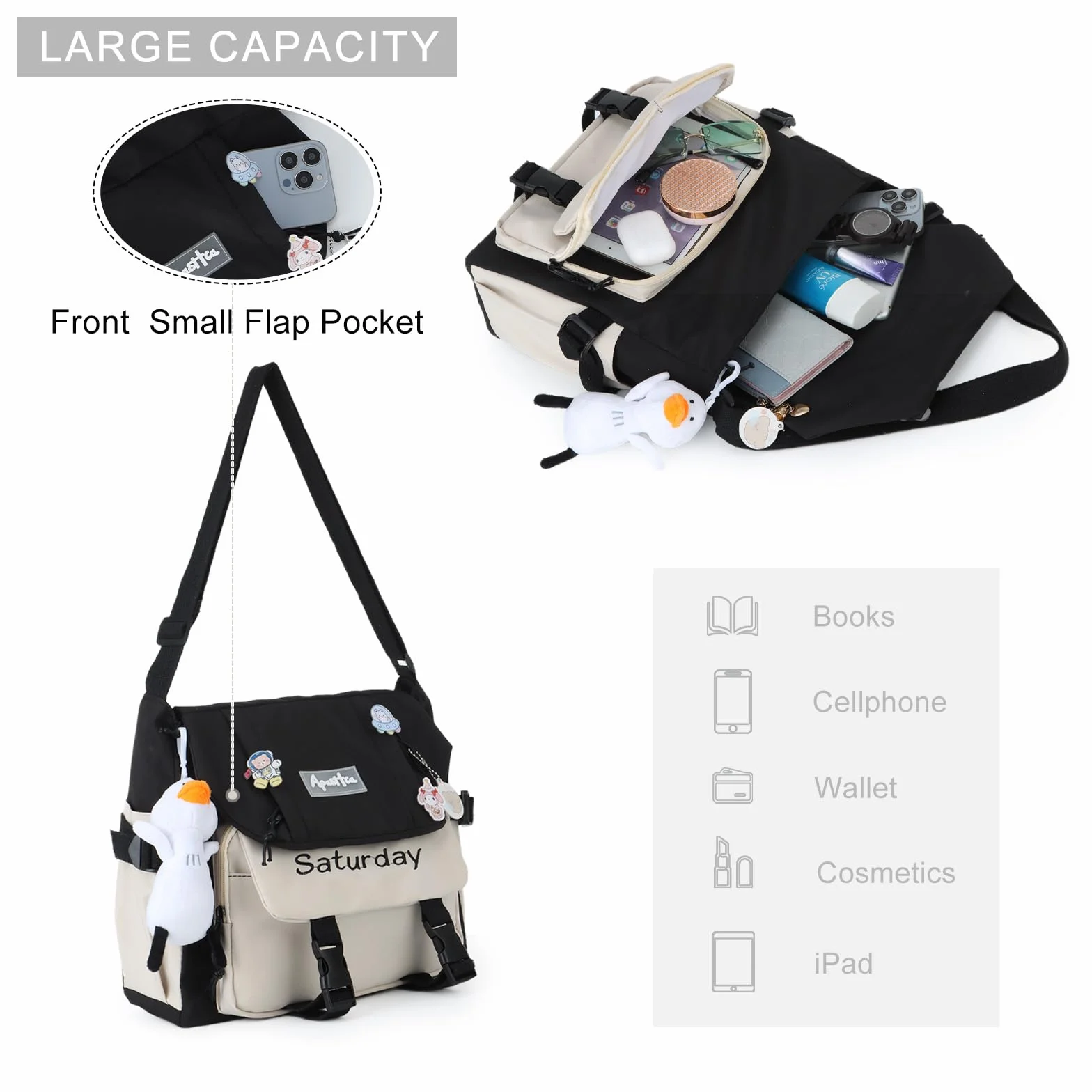 Urocza torba kurierska dla nastolatek kobiet, kawaii, listonoszka, torebki crossbody, torebka na ramię z pinezkami i wypchanym wisiorkiem, prezent 2024