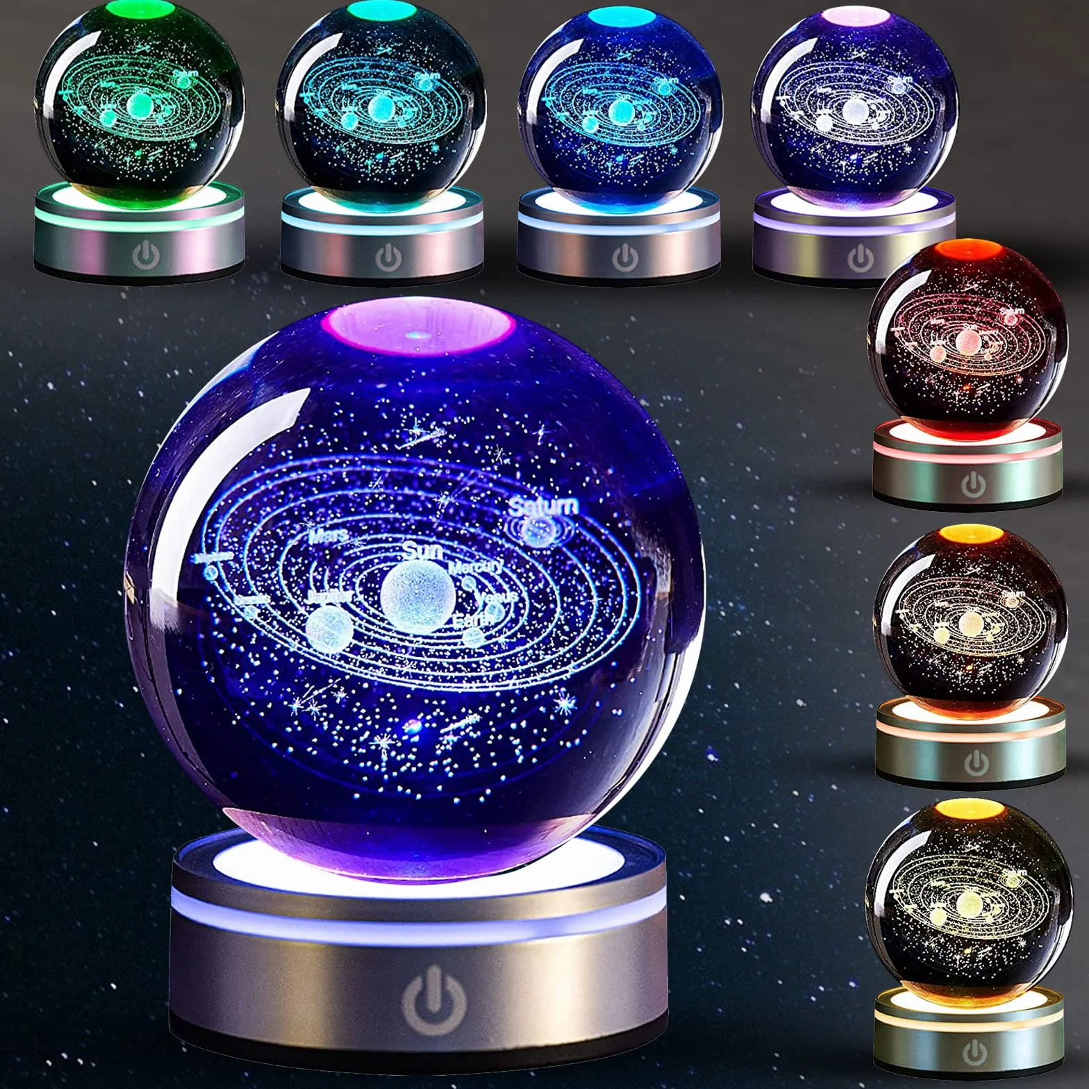 GAESHOW Szklana kula 3D Układ Słoneczny 8cm z podstawą lampy LED