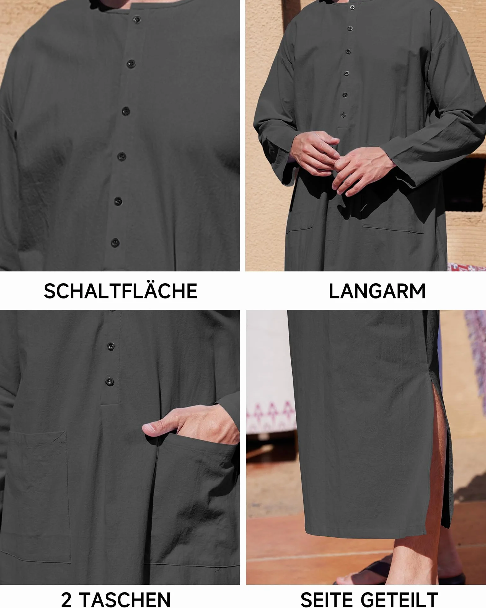 YAOHUOLE Męski kaftan z dekoltem w serek z długim rękawem, kaftan, męski, długi guzik, wysokie Thobe, z bawełny, z kieszeniami