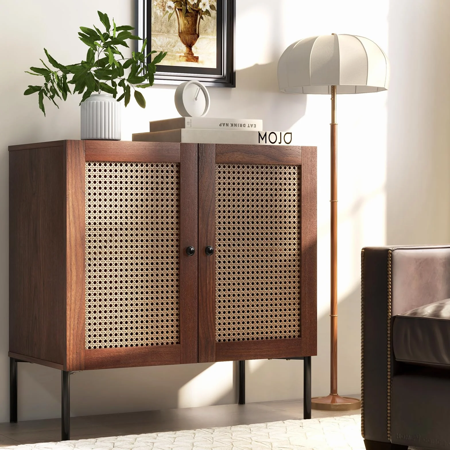 COSTWAY Kredens z 2 drzwiami rattanowymi, szafka kuchenna z drewna, 80 x 40 x 80 cm, orzech