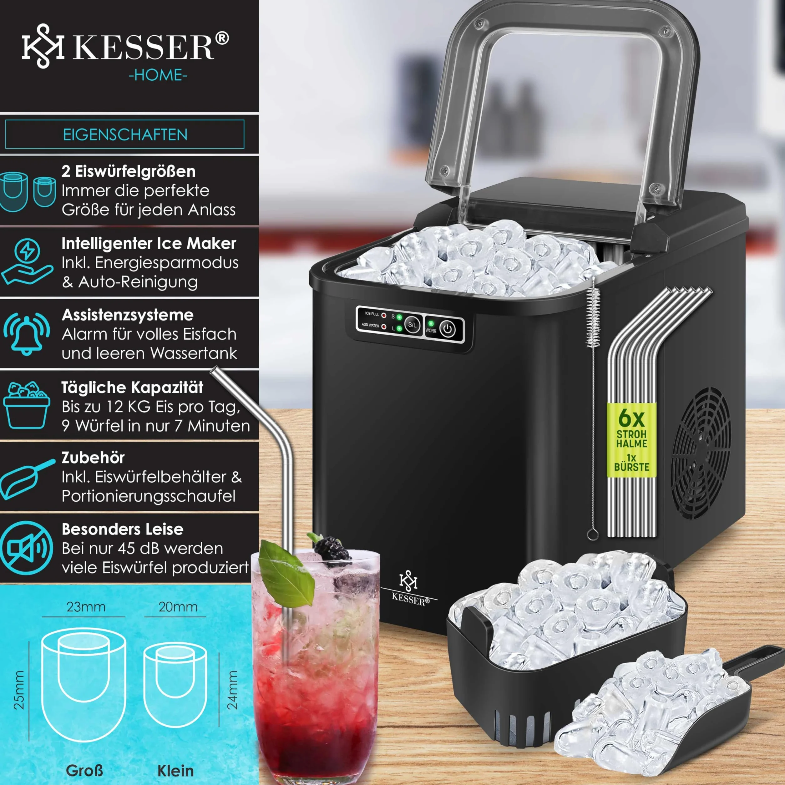 KESSER Ice Maker Stainless Steel 12 kg 24 h 2,2 l Zbiornik Wody LED Samooczyszczanie