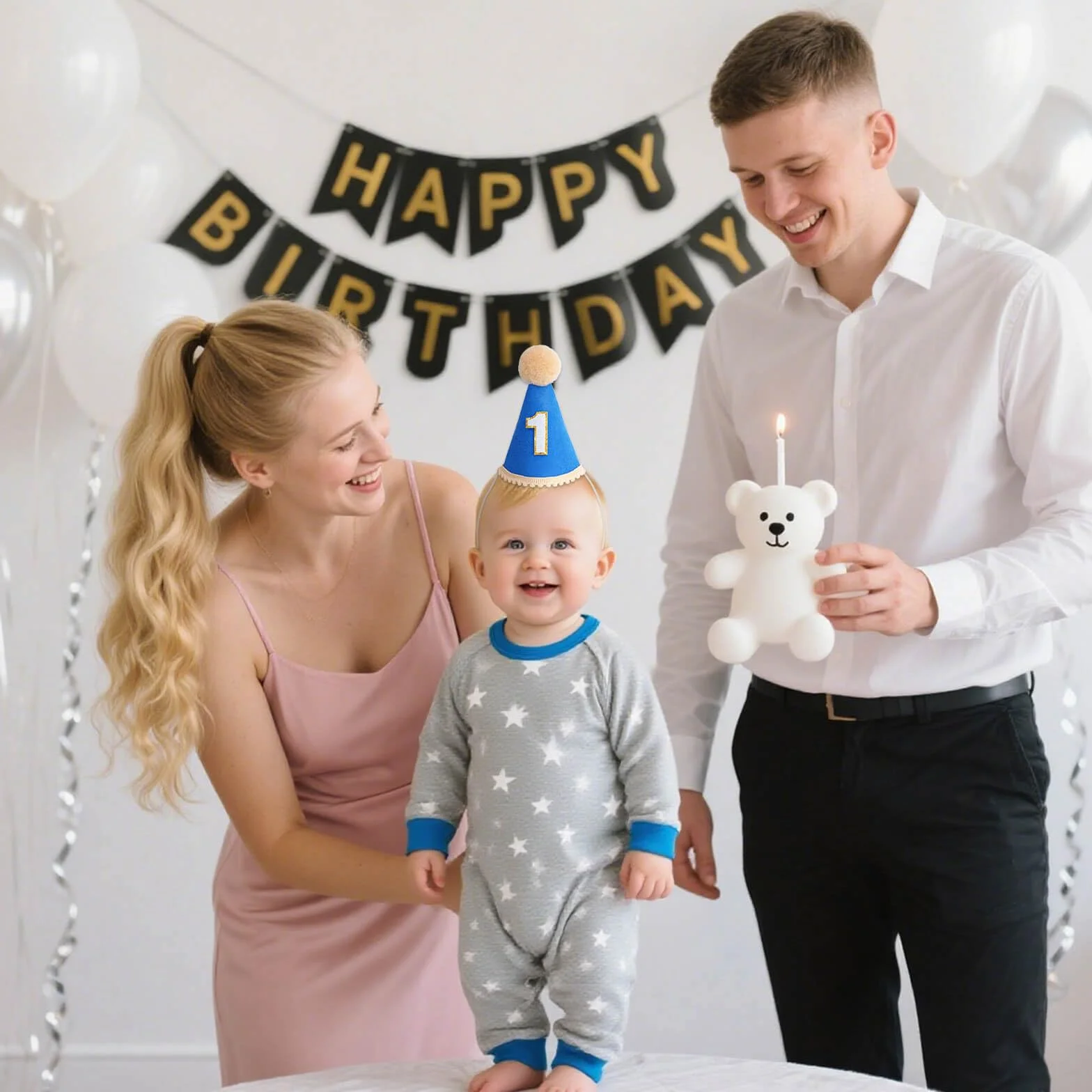 DRESHOW 1 Urodzinowy Kapelusz dla Niemowląt Pierwsze Urodziny Stożkowe Kapelusze z Pomponami Cake Smash Photo Props Nakrycia Głowy dla Dziewczynek i Chłopców