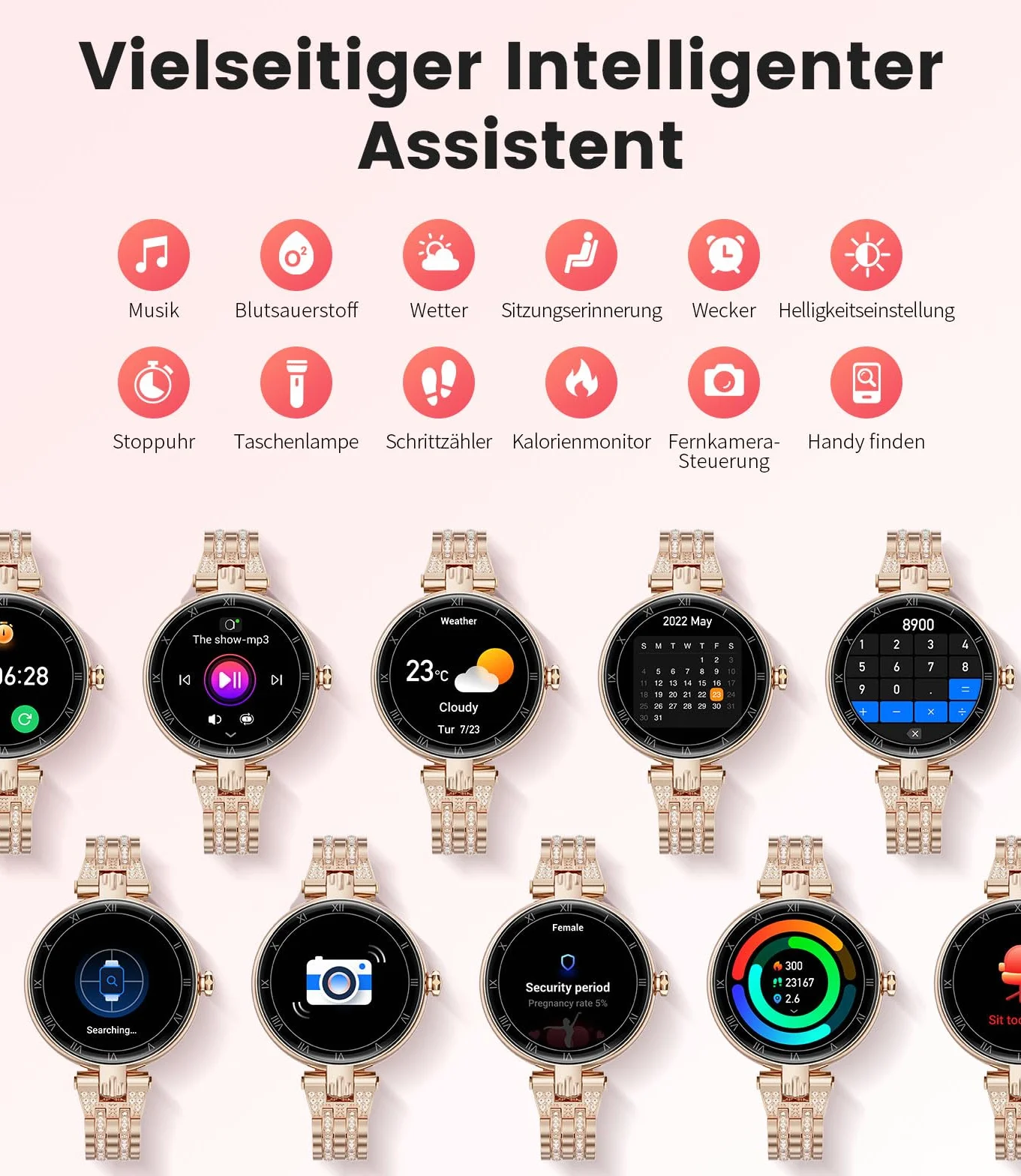 ESFOE Smartwatch damski z funkcją telefonu 1,16" AMOLED Always-On-Display, zegarek na rękę SML18