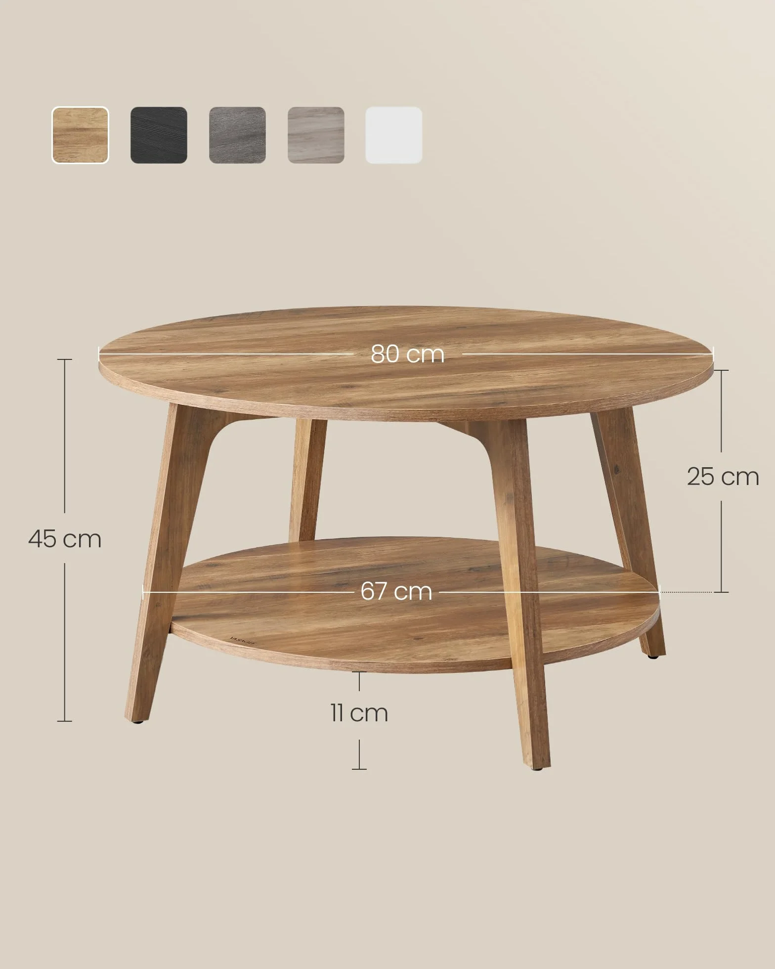 VASAGLE Okrągły stolik kawowy, stolik do salonu 2 poziomy, stolik kawowy do salonu, 80 cm gł., 45 cm wys., łatwy w montażu, miodowy brąz LCT243K41