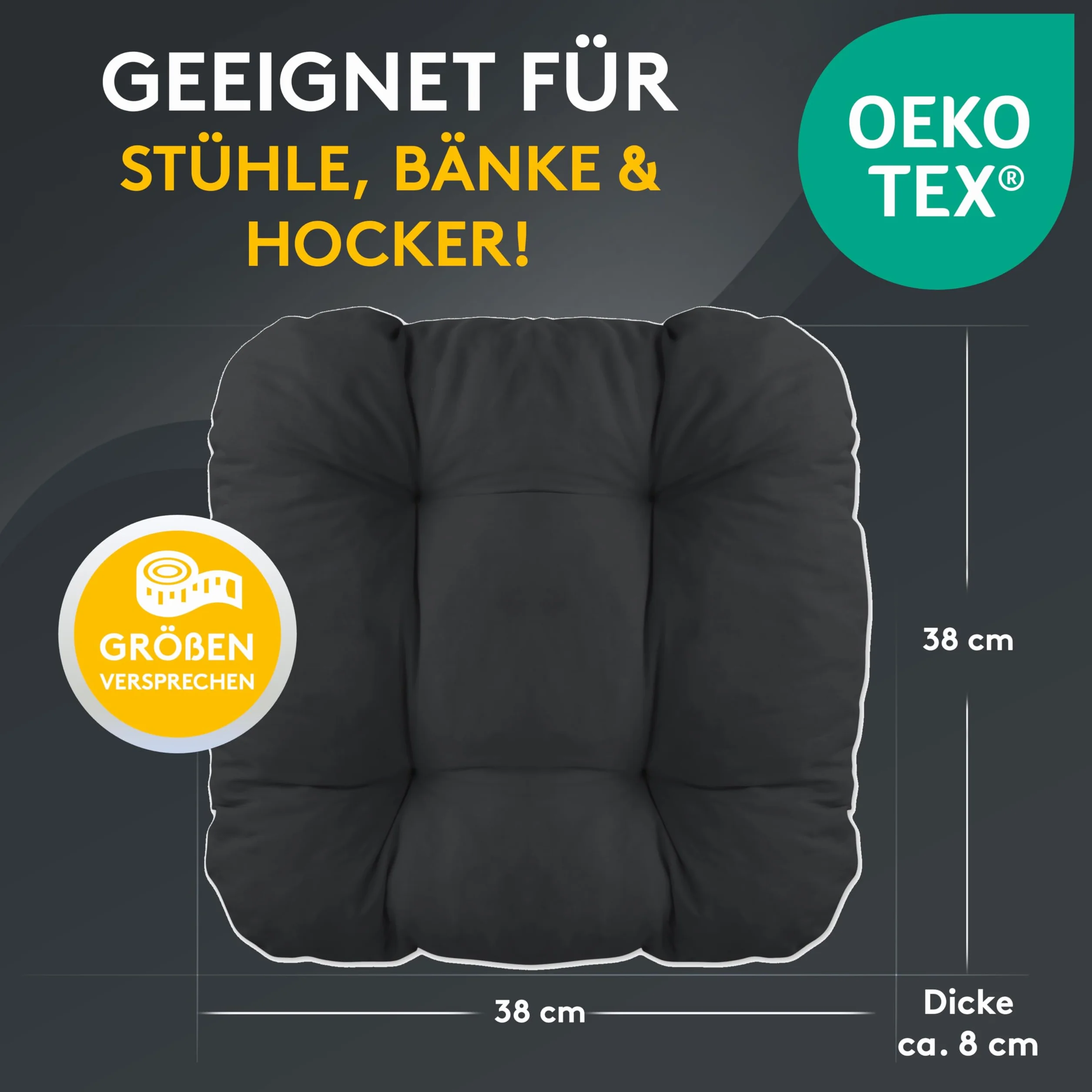 LILENO HOME Zestaw 4 poduszek na krzesło, czarne (38 x 38 x 8 cm) – poduszka do siedzenia na krzesło ogrodowe, do kuchni lub jadalni – wygodna, odporna na promieniowanie UV, do użytku wewnątrz i na