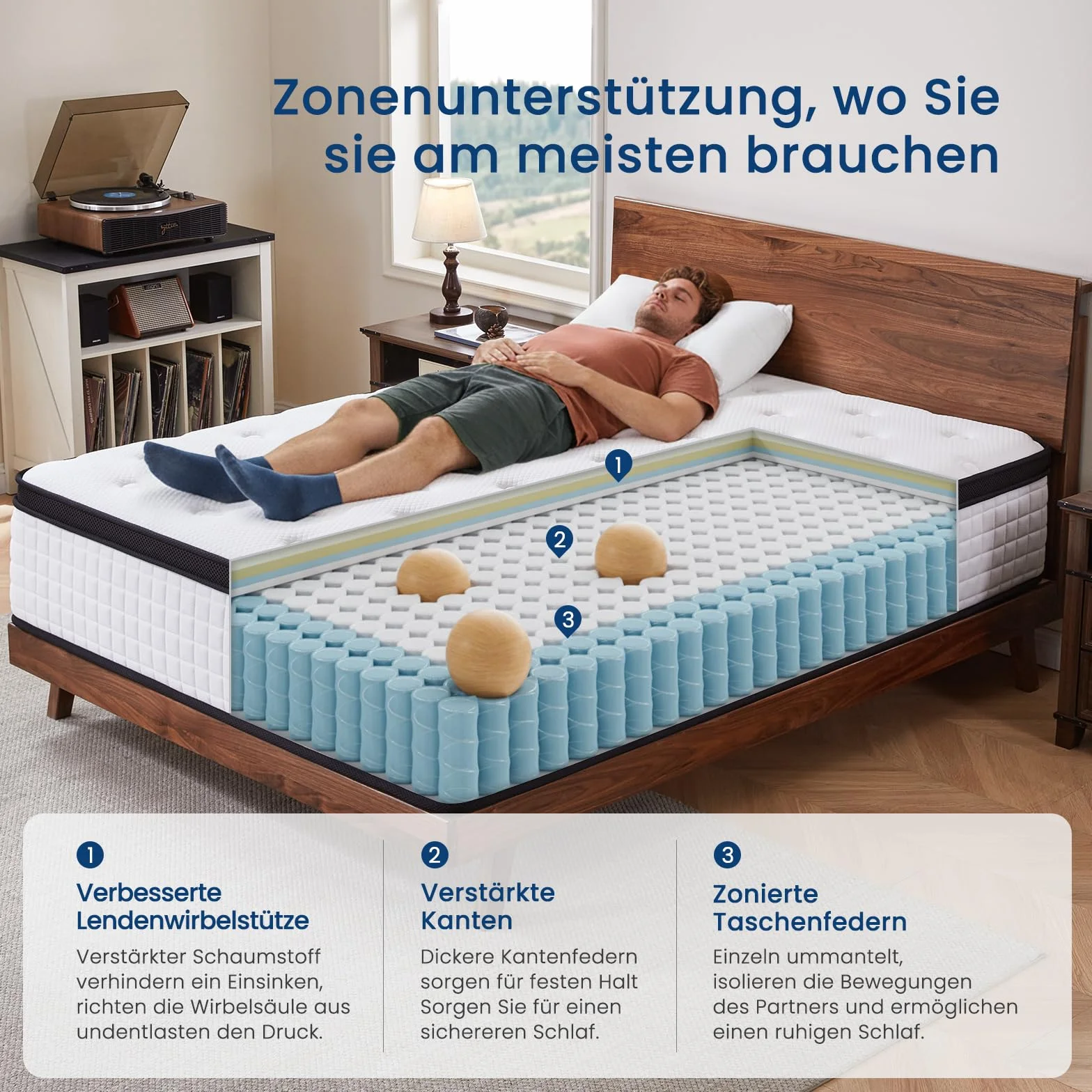 Coolvie Materac 90 x 190 cm w pudełku, 7-strefowy stopień twardości H2 i H3, ortopedyczny materac ze sprężynami kieszeniowymi 30 cm z odciążającą plecy pianką memory, certyfikat Oeko-Tex, dla dzieci i