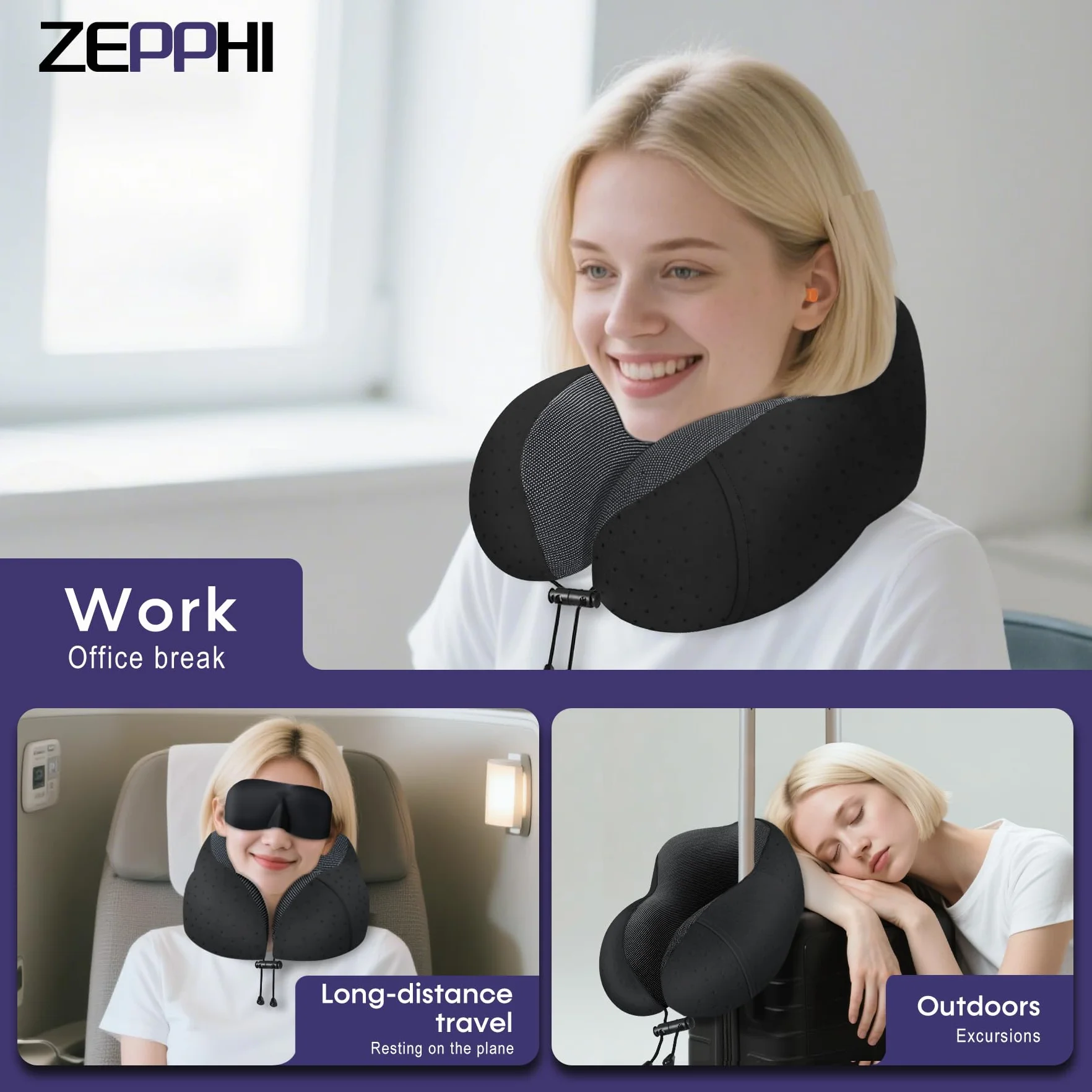 Poduszka podróżna na kark, poduszka podróżna z pianką z pamięcią kształtu, poduszka podróżna z maską do spania 3D, torba, zatyczki do uszu, aksamitnie miękka poszewka na podróż, do samochodu