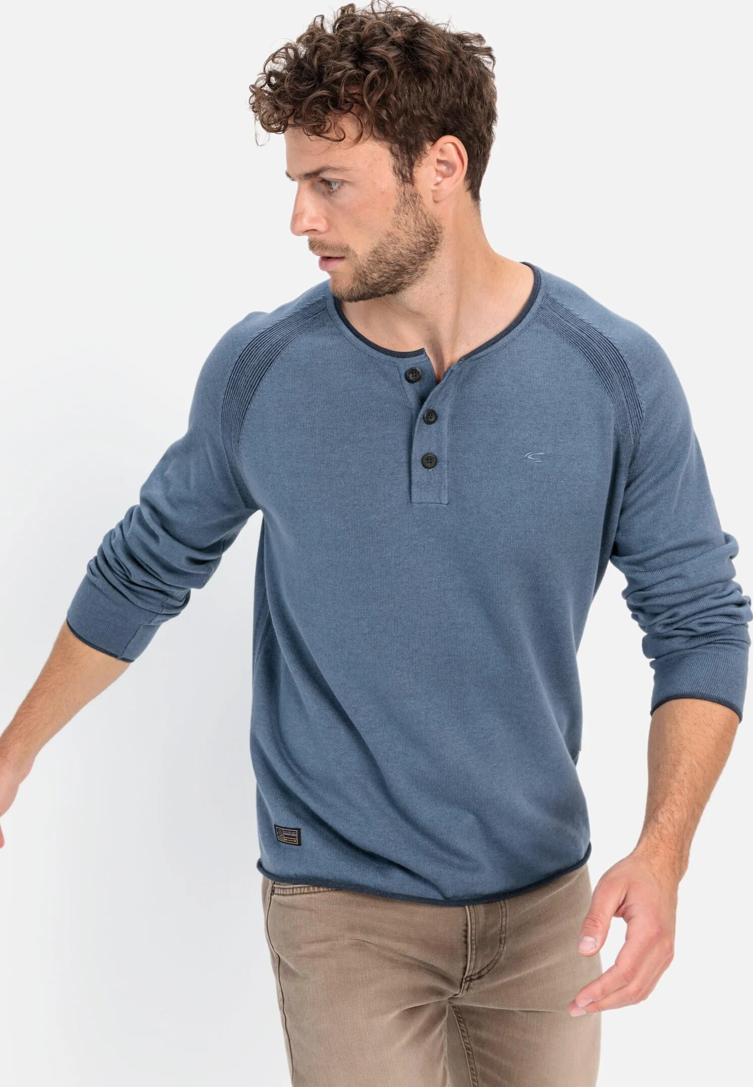 camel active Męska koszulka Henley z certyfikowanej bawełny organicznej, niebieski, L