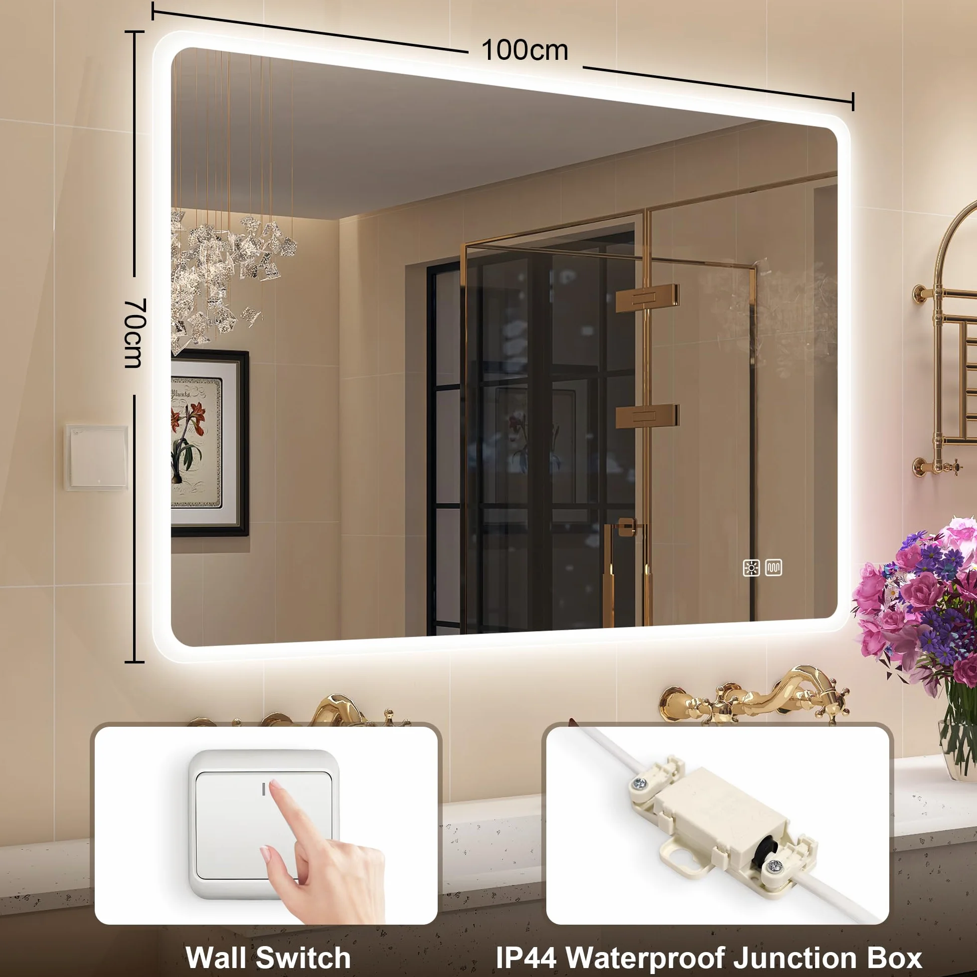 STARLEAD Lustro łazienkowe z oświetleniem 100 x 70 cm ściemnialne 3 kolory światła 3000K-6500K IP44 szkło hartowane HD