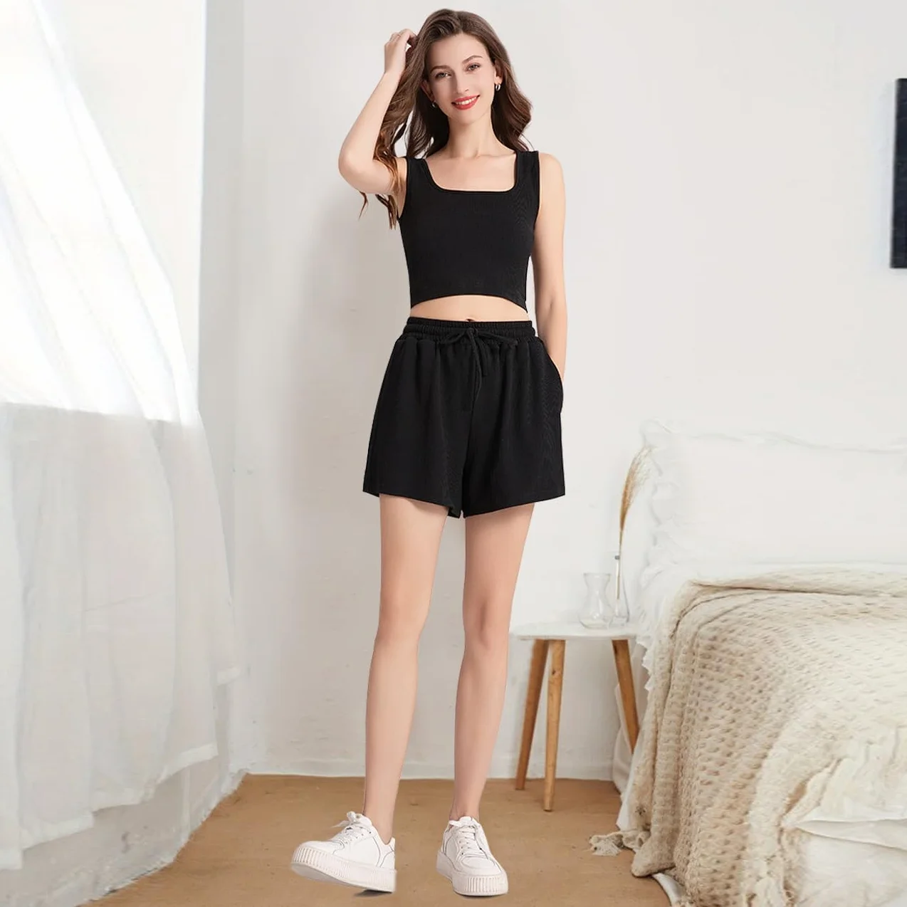 Zestaw Sportowy Kobiety 2 Kawałki Crop Top Krótki Bez Rękawów Dopasowanie i Szorty Wysokiej Talii Casual Chandal Lato Odzież Sportowa Fitness