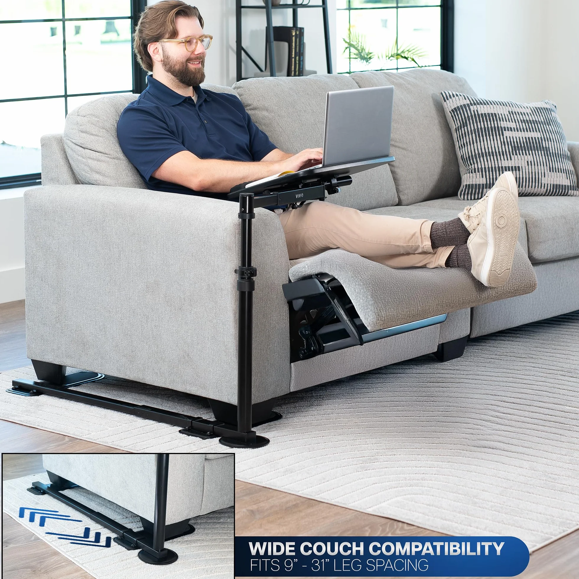 VIVO DESK-ST02C stół obrotowy nad kanapą, biurko na laptopa, do pracy zdalnej, przenośna stacja robocza z regulowanym ramieniem obrotowym, 50 cm, kolor czarny