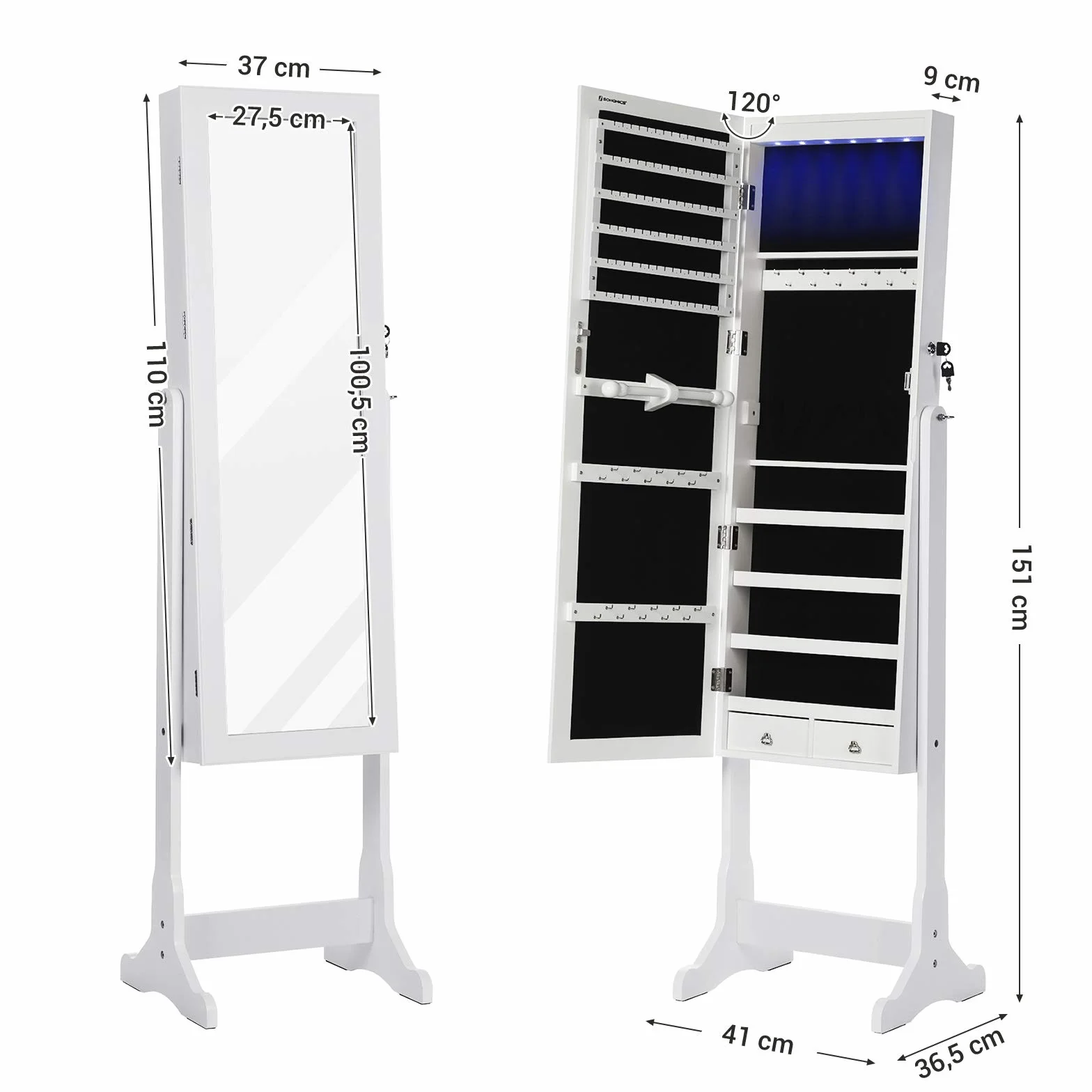 SONGMICS JBC94W oświetlenie LED szafka na biżuterię, z lustrem, 4 półki i 2 małe szuflady, zamykana