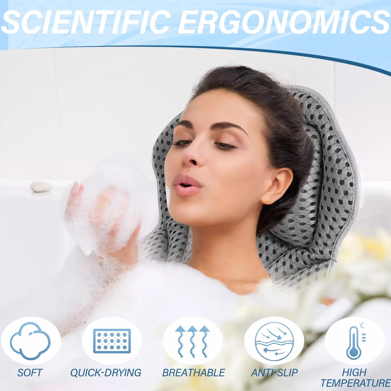 Poduszka do wanny z 2 przyssawkami 4D Air-Mesh ergonomiczna