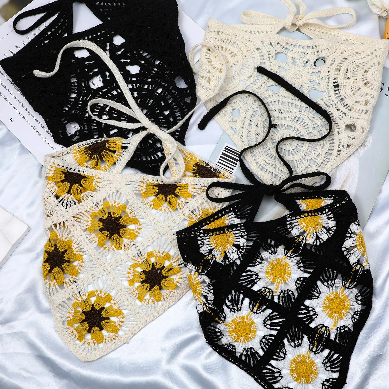 4 sztuki damskich chustek na głowę w stylu boho, trójkątna chusta, elastyczne nakrycie głowy, szydełkowane, chusta na głowę do wiązania, chusty na głowę dla kobiet