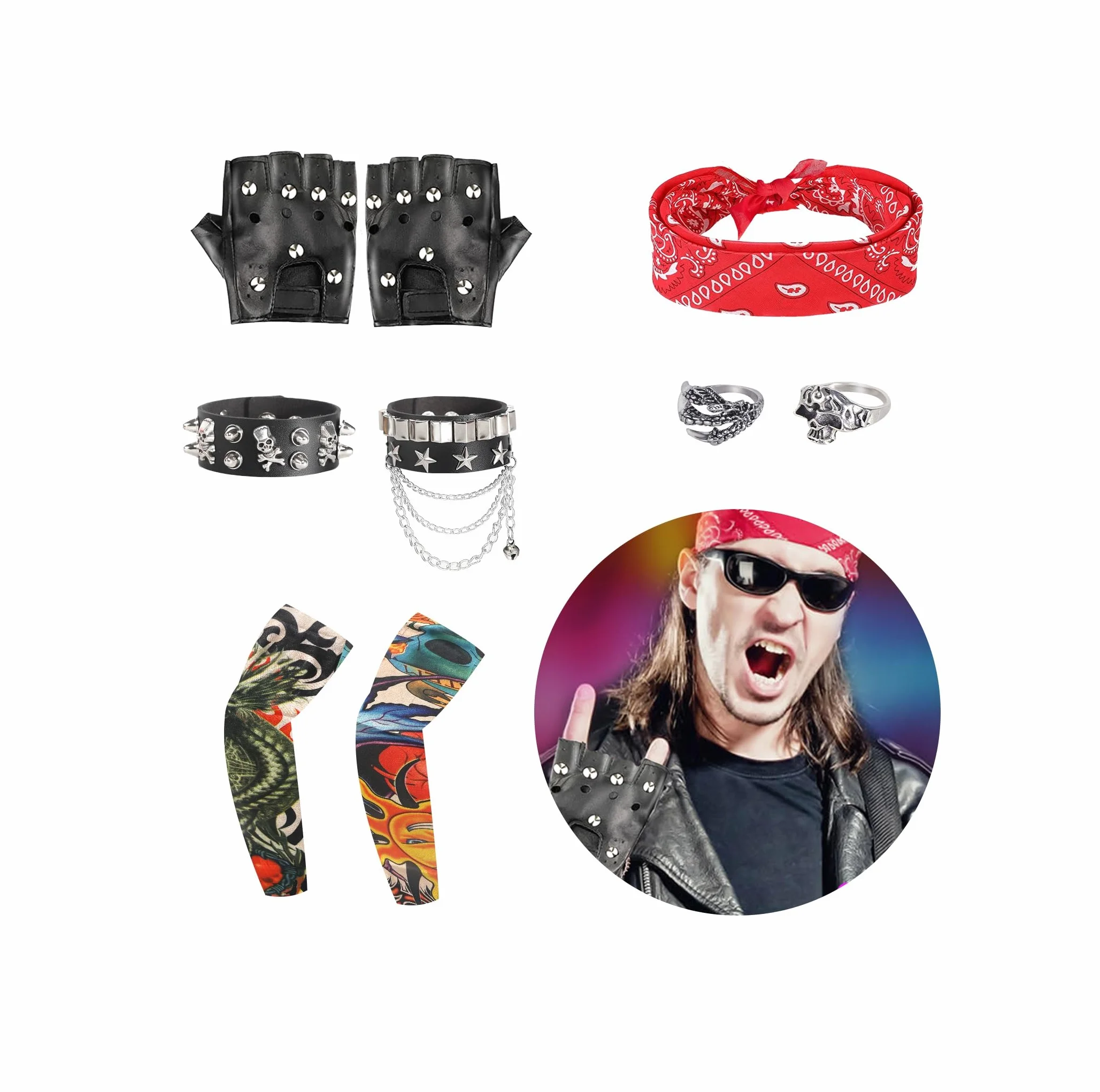 11 szt. Rock Star Fancy Dress Punk Akcesoria Rockstar Akcesoria Rockstar Fancy Dress 80s Rock Star Kostium Disco
