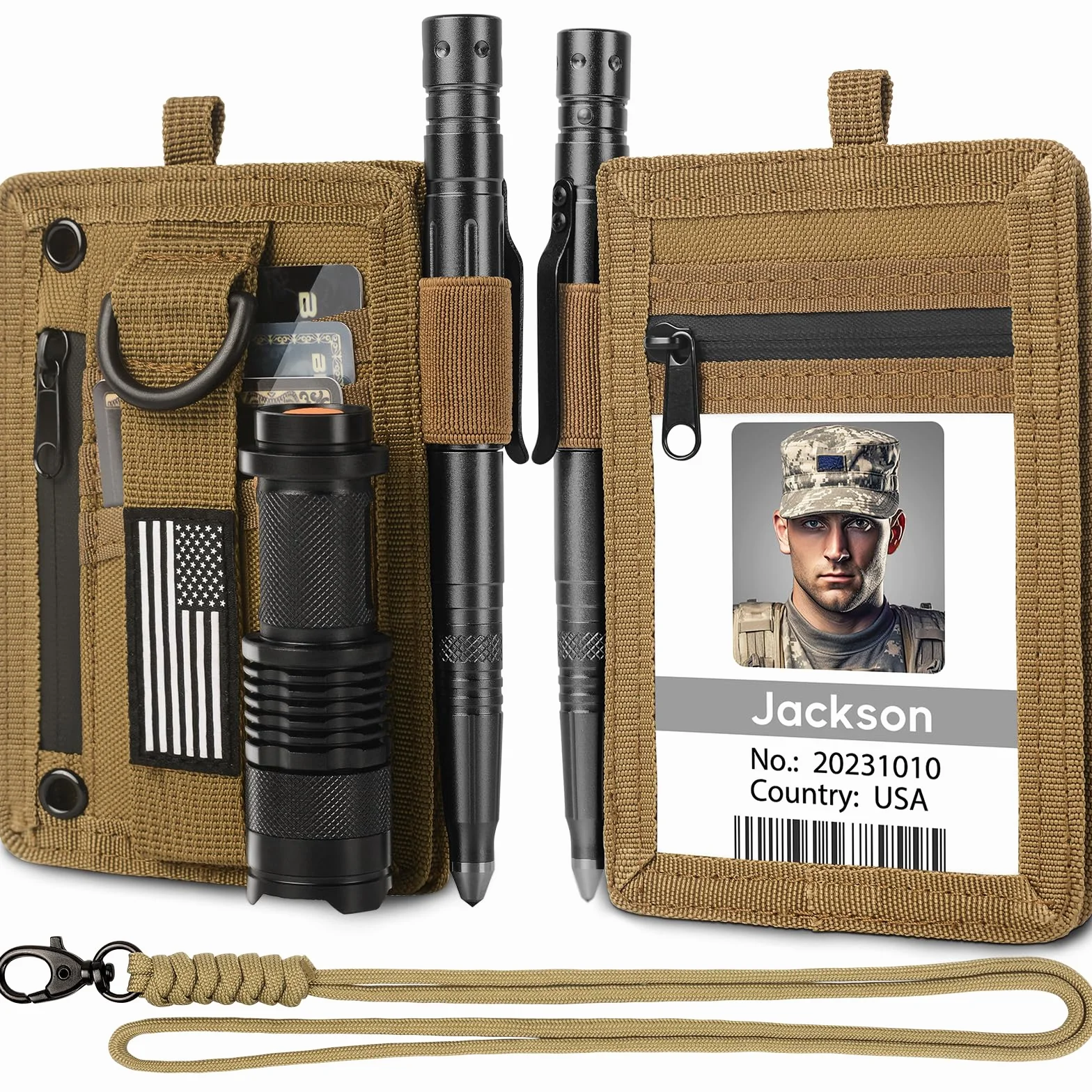 LIUGX Taktyczne etui na dowód osobisty, nylon 900D, naszywka na haczyk i pętelkę, wodoodporna kieszeń na zamek błyskawiczny, smycz na szyję i organizer na karty kredytowe, blokada RFID