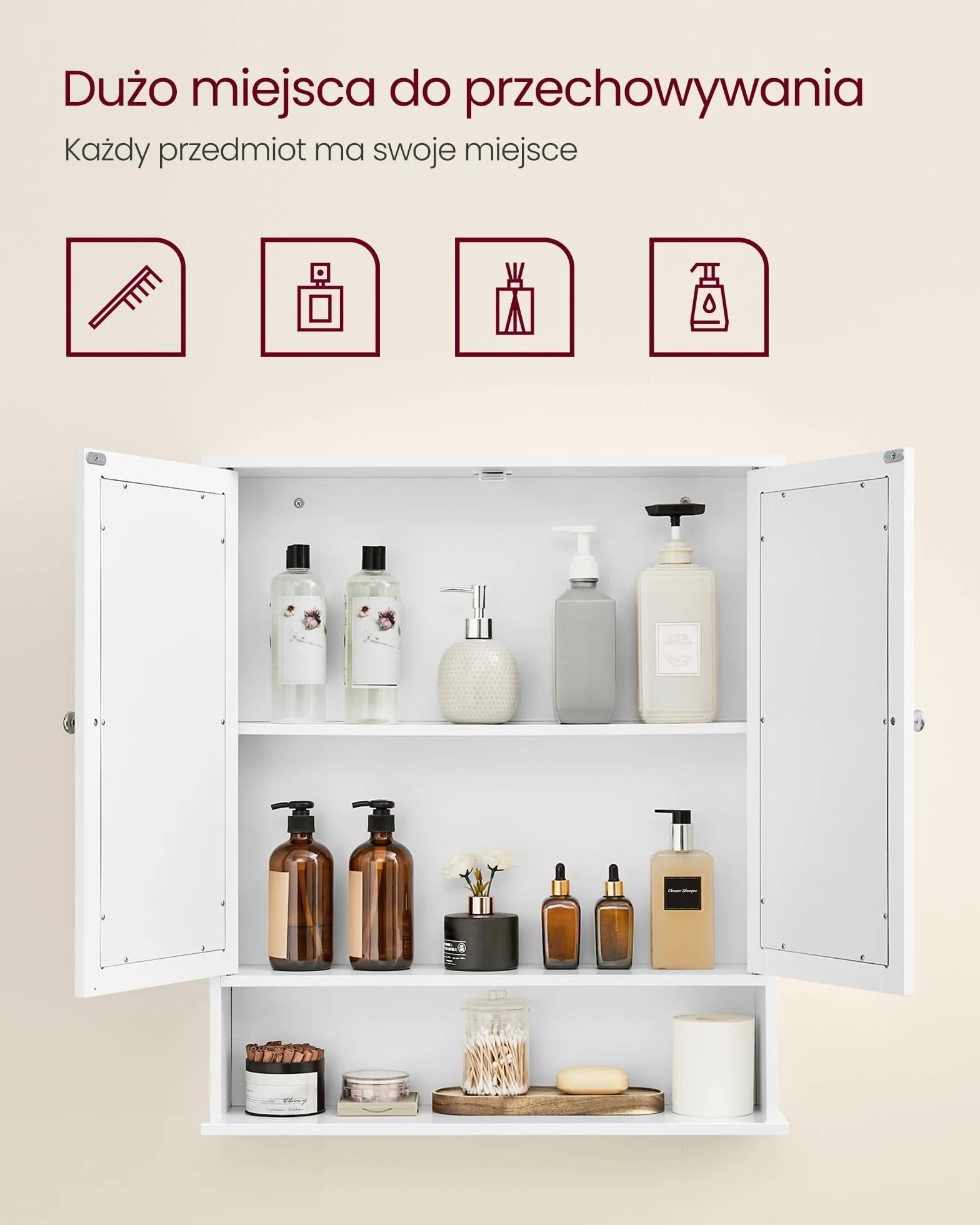 VASAGLE LHC012W01 Szafka łazienkowa z lustrem, szafka ścienna z 2 drzwiami lustrzanymi i otwartą przegródką, regulowana półka, montowana na ścianie, 15 x 65 x 75 cm, biała