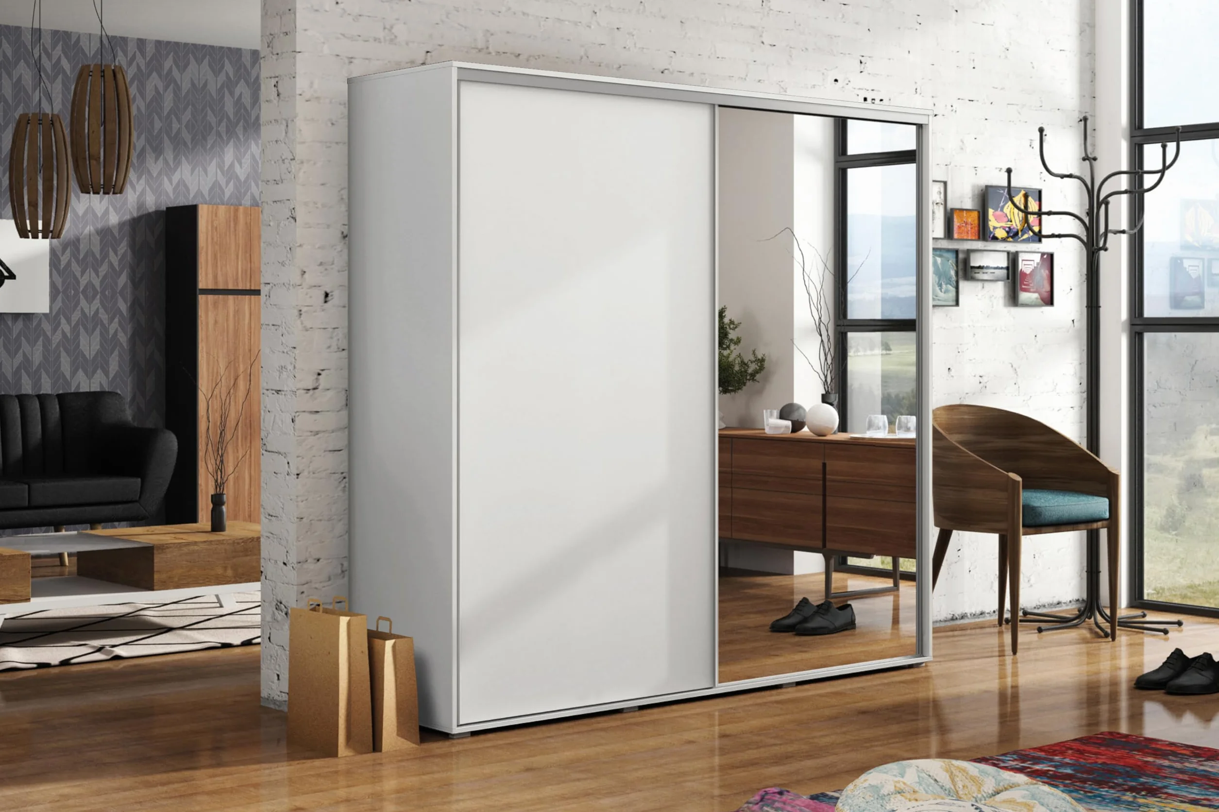 B&M Furniture Duża szafa z drzwiami przesuwnymi i lustrem 230 cm szerokości 245 cm wysokości biała