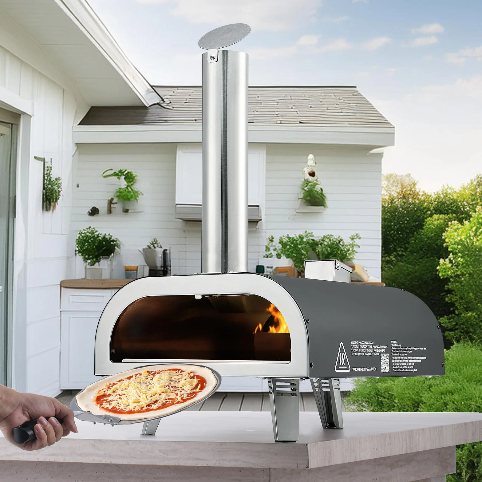 VEVOR Zewnętrzny piec do pizzy 30 cm opalany drewnem z termometrem przenośny czarny