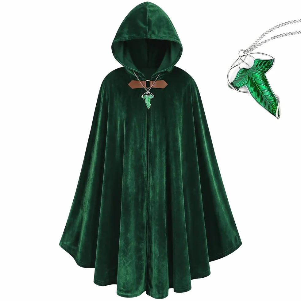 Średniowieczny kostium płaszcz z kapturem męski renesansowy płaszcz z kapturem vintage gotycki czarownica szlafrok z kapturem peleryna z zielonym liściem broszka naszyjnik na Halloween, Światowy