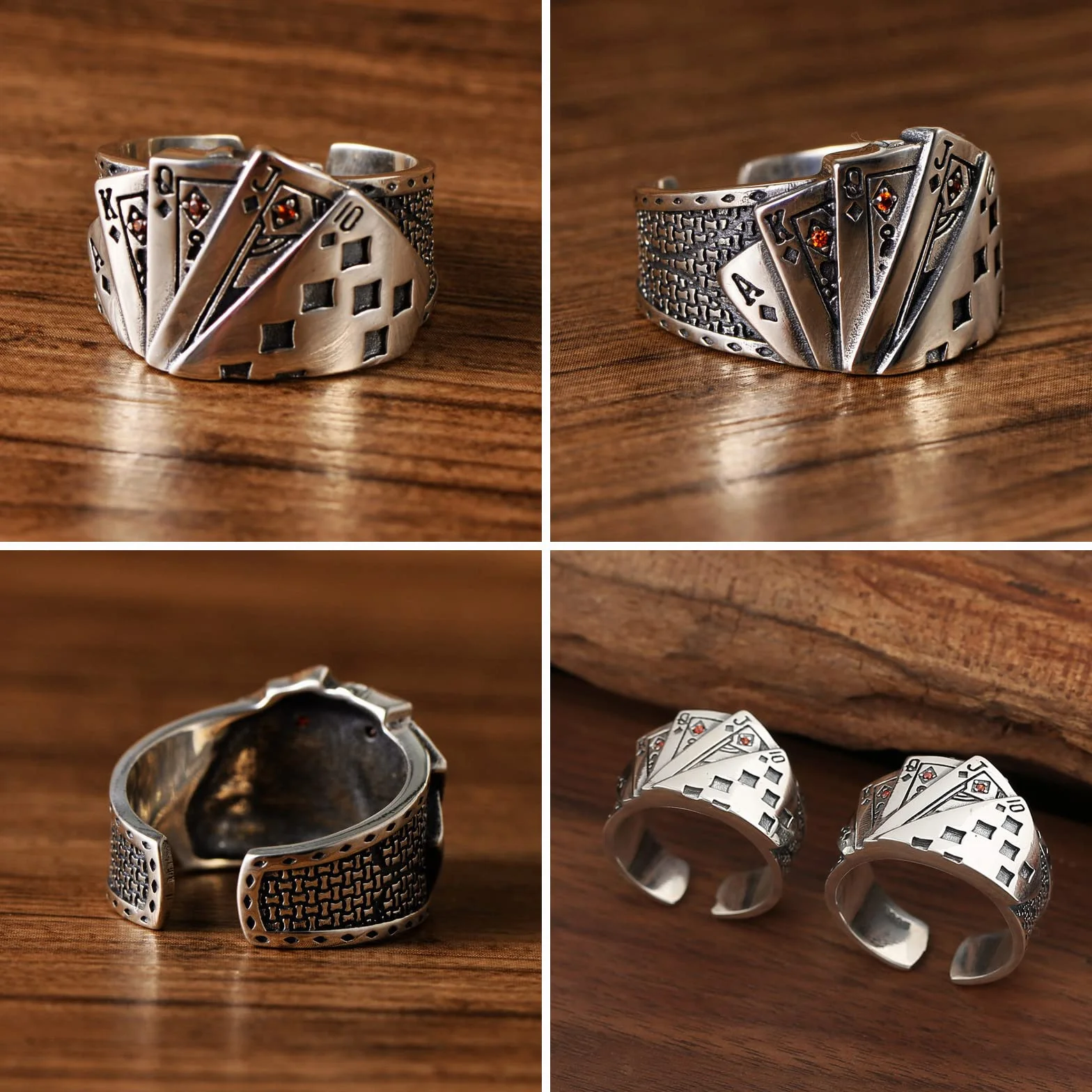 Vintage punk chunky pierścionki poker gotyckie srebrne serca k pik