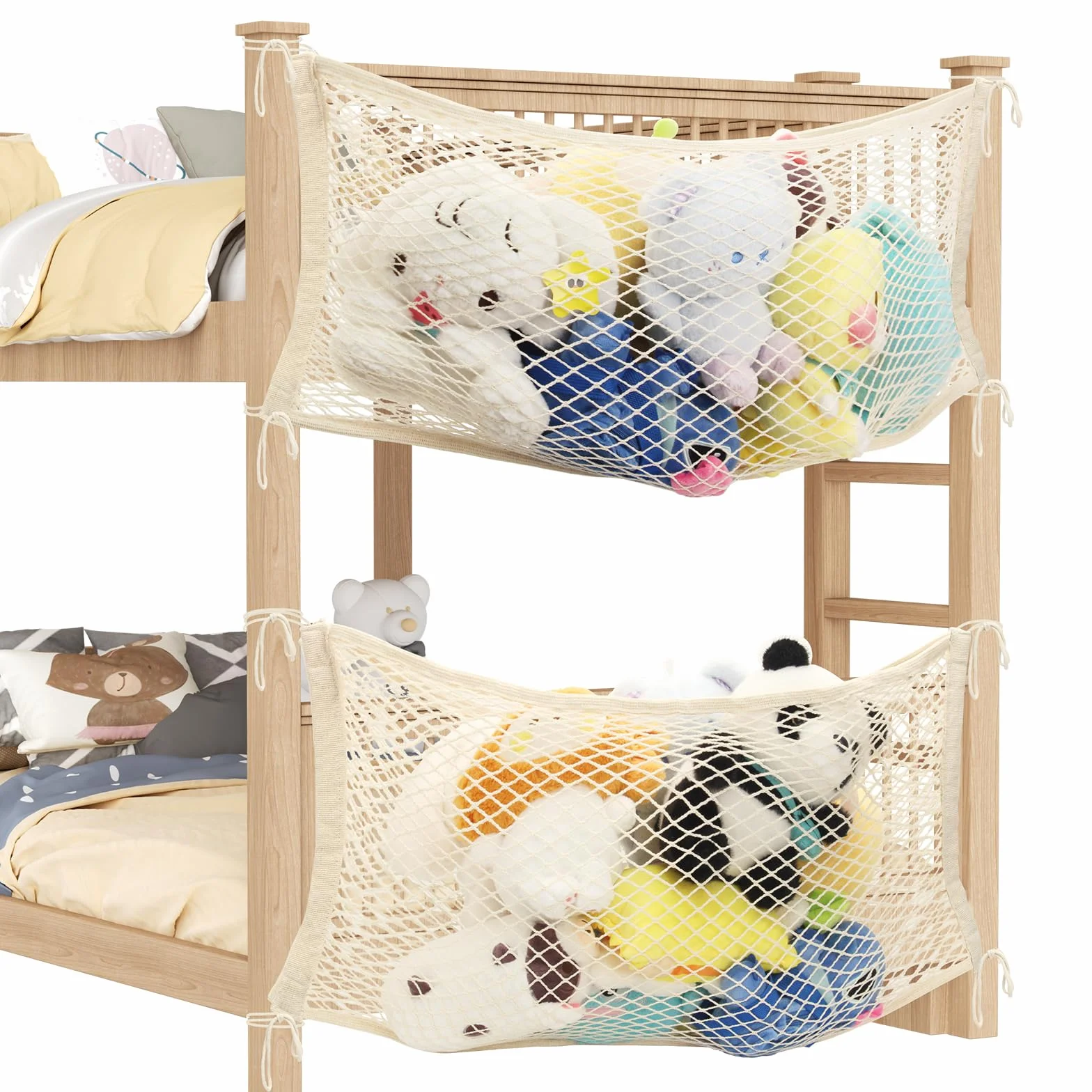 Torba na pluszowe zwierzątka dla dzieci, miękki organizer na przytulankę do zawieszenia z bawełnianą siatką z mocowaniem do sypialni (Beige, 2 szt.)