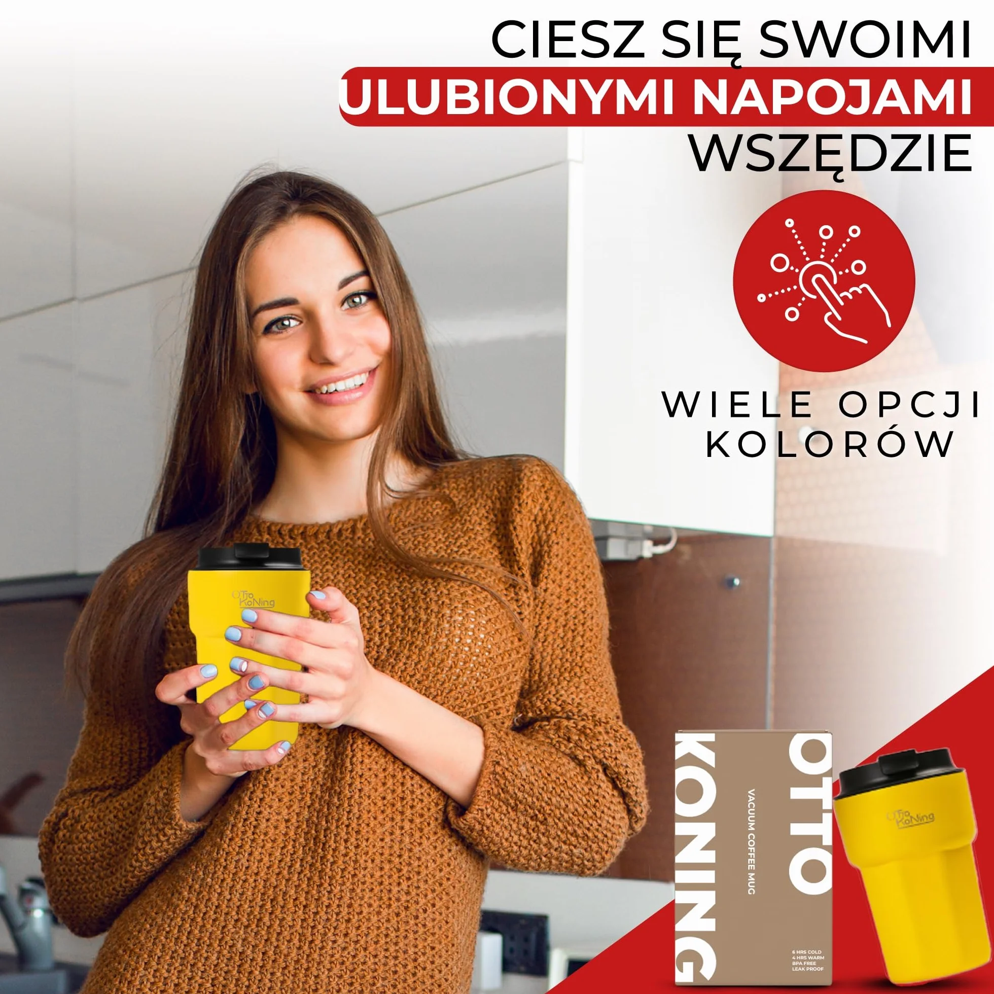 Otto Koning Termo kubek izolowany 350ML stalowy do kawy (Żółty)
