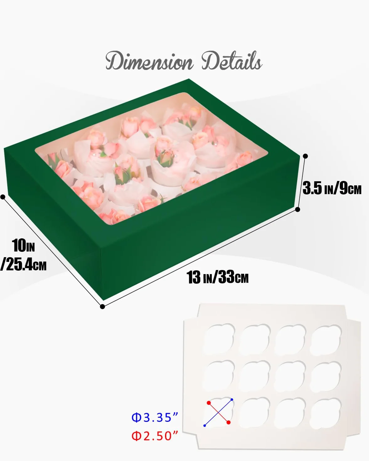 Pudełka na babeczki z okienkiem 33x25,4x9cm 6 sztuk Ciemnozielone