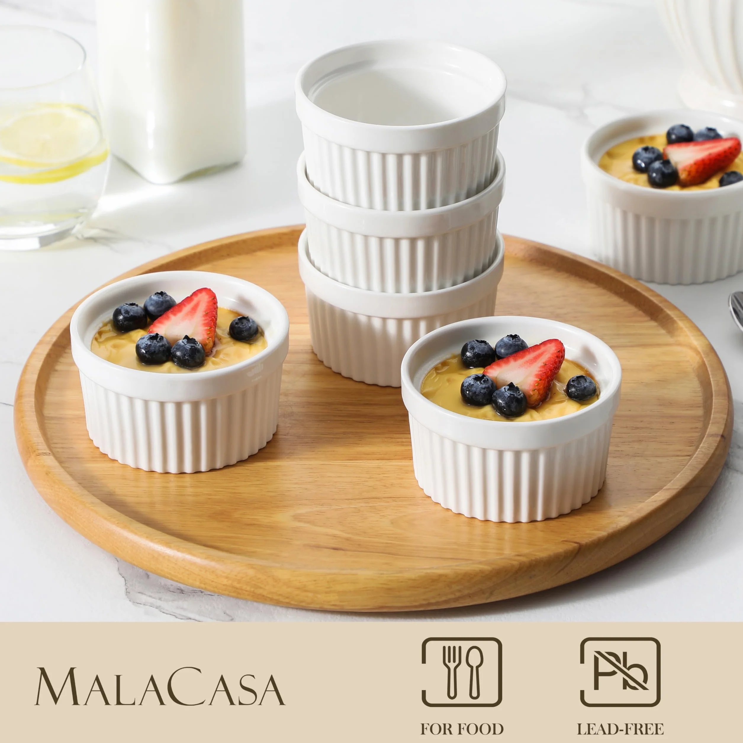 MALACASA Seria Ramekin zestaw 6 miseczek do sufletu 140 ml odporne na piekarnik 8,8 x 4,9 cm białe
