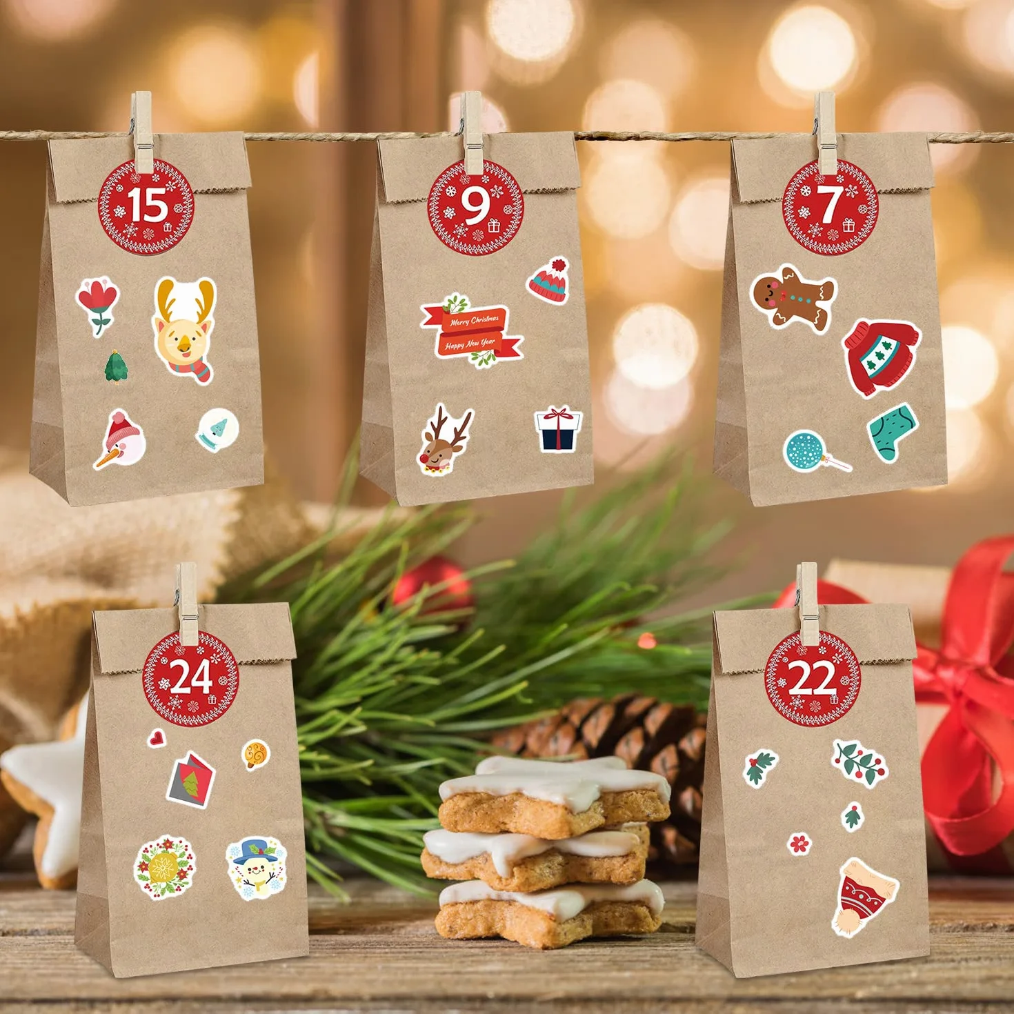 Naklejki do kalendarza adwentowego wielokrotnego użytku 24 torebki papier kraft DIY