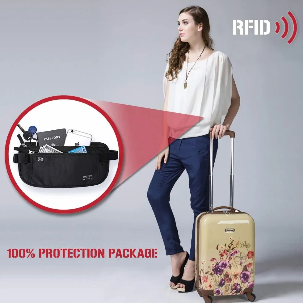 Pasek na pieniądze z blokadą RFID dla mężczyzn i kobiet, wąska saszetka do podróży, biegania, ukryta talia portfel na paszport, telefon, gotówkę, Czarny, Rfid Blocking & Belt Wide:1inch, Blokowanie
