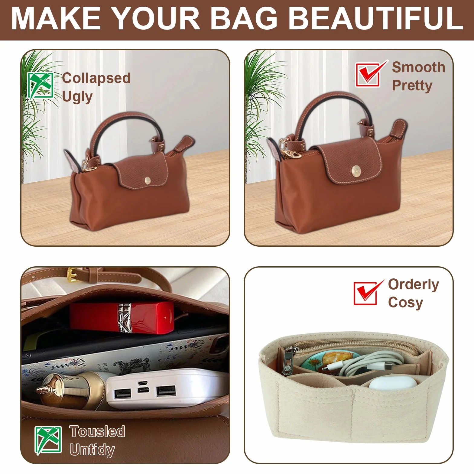 2 x organizer na mini torebki, kompatybilny z Longchamp, z wieloma kieszeniami, czarny i beżowy, 17 x 5 x 8 cm