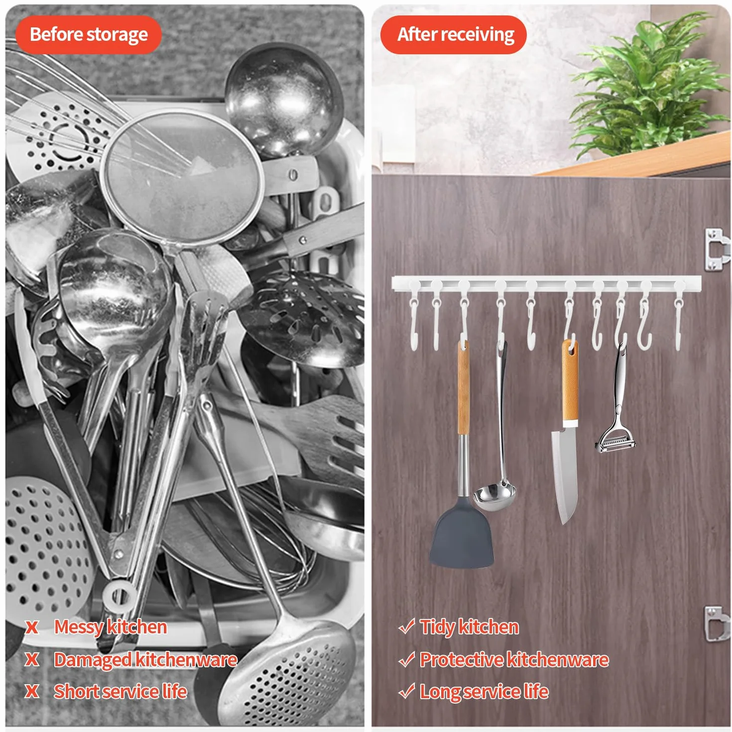 Półka kuchenna Bar Uchwyt na przybory z 10 hakami, bez wiertła