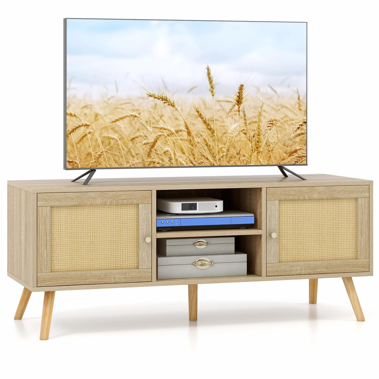 COSTWAY Szafka TV 120x40x48,5 cm niski stolik z ratanu 2 drzwi otwarte półki