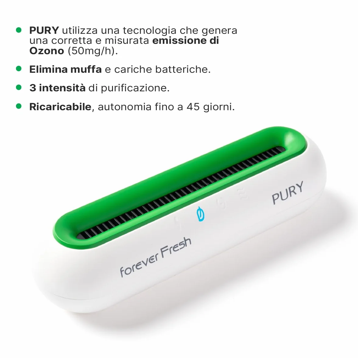 PURY Oczyszczacz do lodówki, eliminuje pleśń i bakterie. Generuje prawidłową i zmierzoną emisję ozonu (50 mg/h), zasięg do 45 gg. Forever Fresh 885C