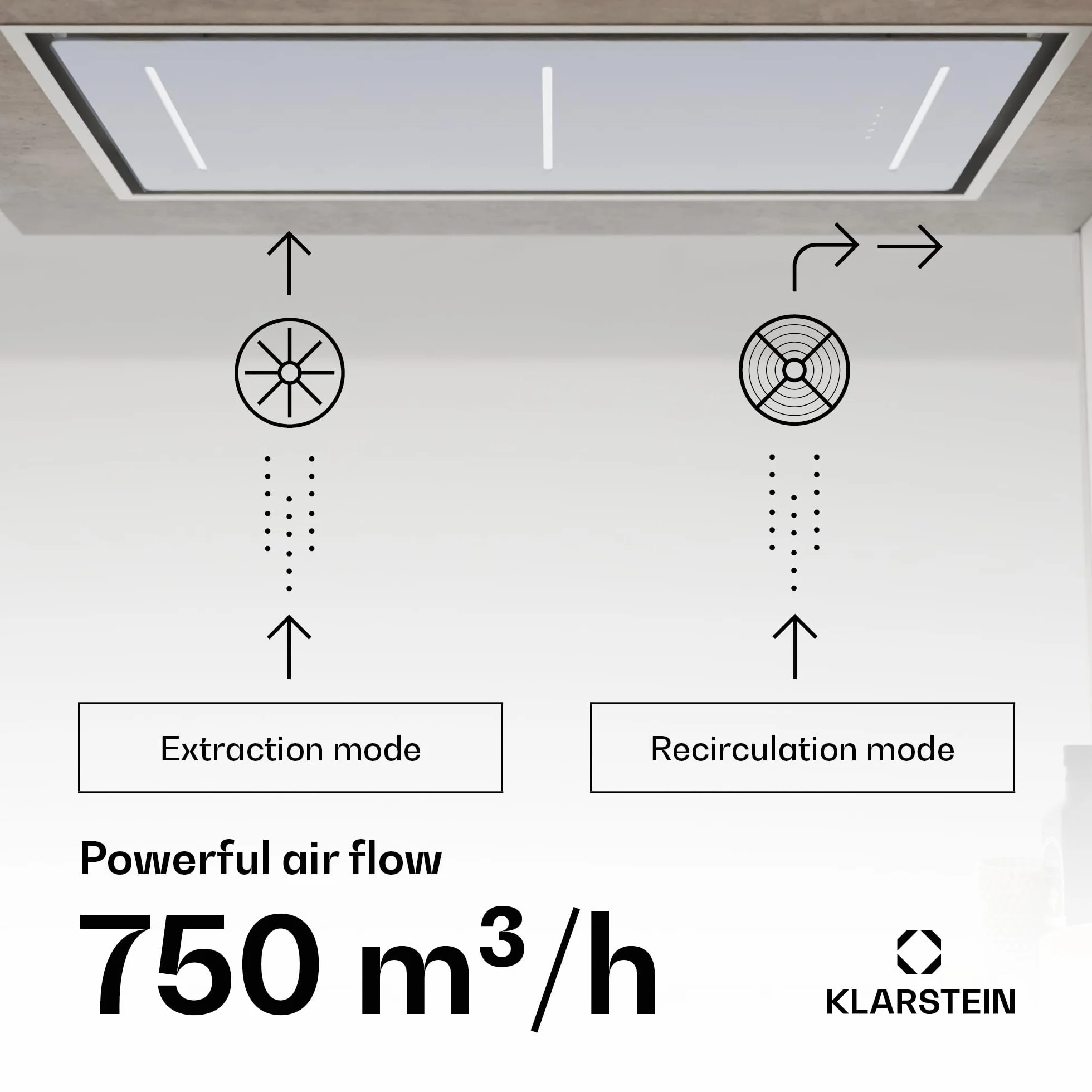 Klarstein LuxeAir okap kuchenny – strumień powietrza 750 m³/h, efektywność energetyczna, sterowanie Wi-Fi, silnik 110 W, obsługa dotykowa, oświetlenie LED, aluminiowy filtr przeciwtłuszczowy, osłona