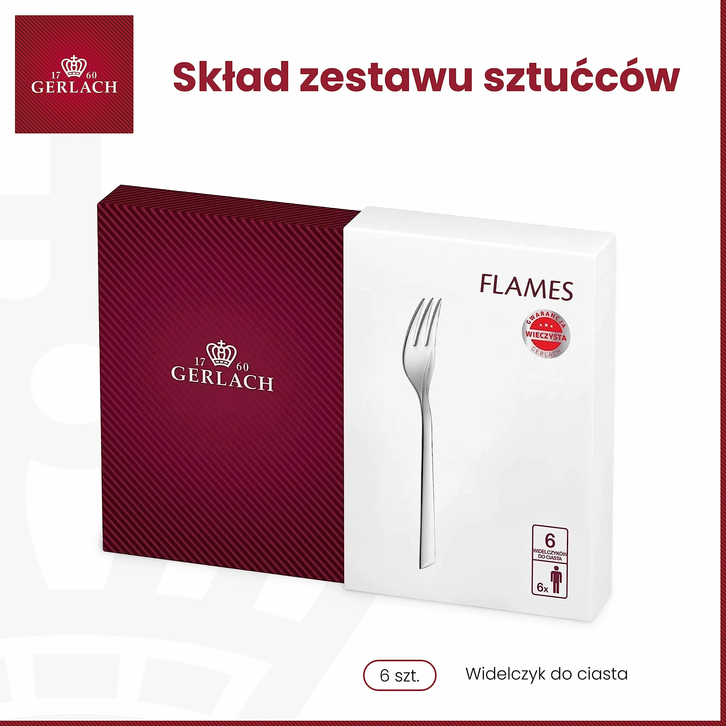 Gerlach FLAMES Zestaw Widelczyków Do Ciast i Deserów Dla 6 Osób Ze Stali Szlachetnej Nierdzewnej Komplet Widelców Deserowych Do Mycia W Zmywarce Z Błyszczącymi Płomieniami 6 Elementów